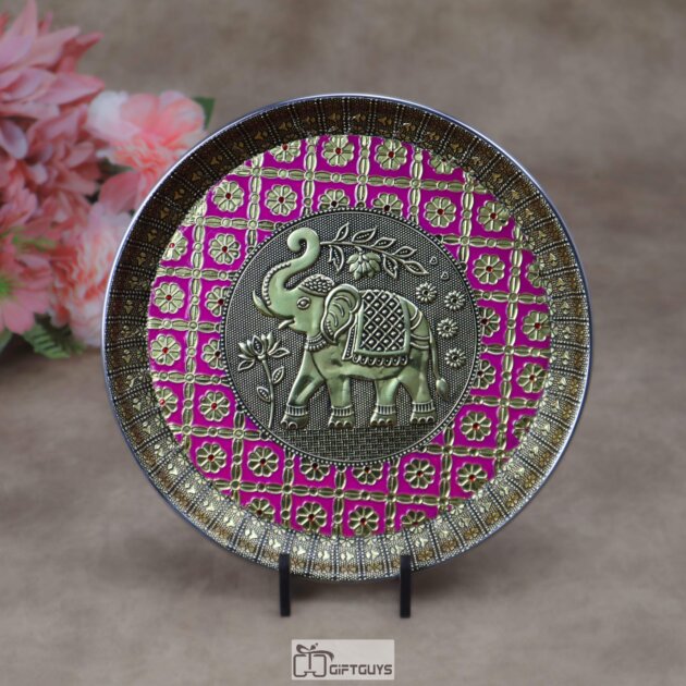 9 Inch Oxidized Meenakari Elephant Embossed Stainless Steel Plate – Decorative Pooja Thali and Serving Platter in 4 Vibrant Colors
