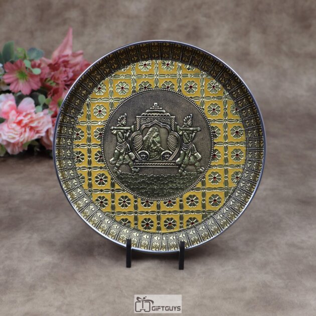 9 Inch Oxidized Meenakari Doli Design Embossed Stainless Steel Plate – Decorative Pooja Thali and Bridal Favor Platter in 4 Colors