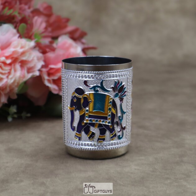 Meenakari Embossed Stainless Steel Glass – 220ml Traditional Elephant Design Royal Drinkware in Gold, Silver & Rose Gold