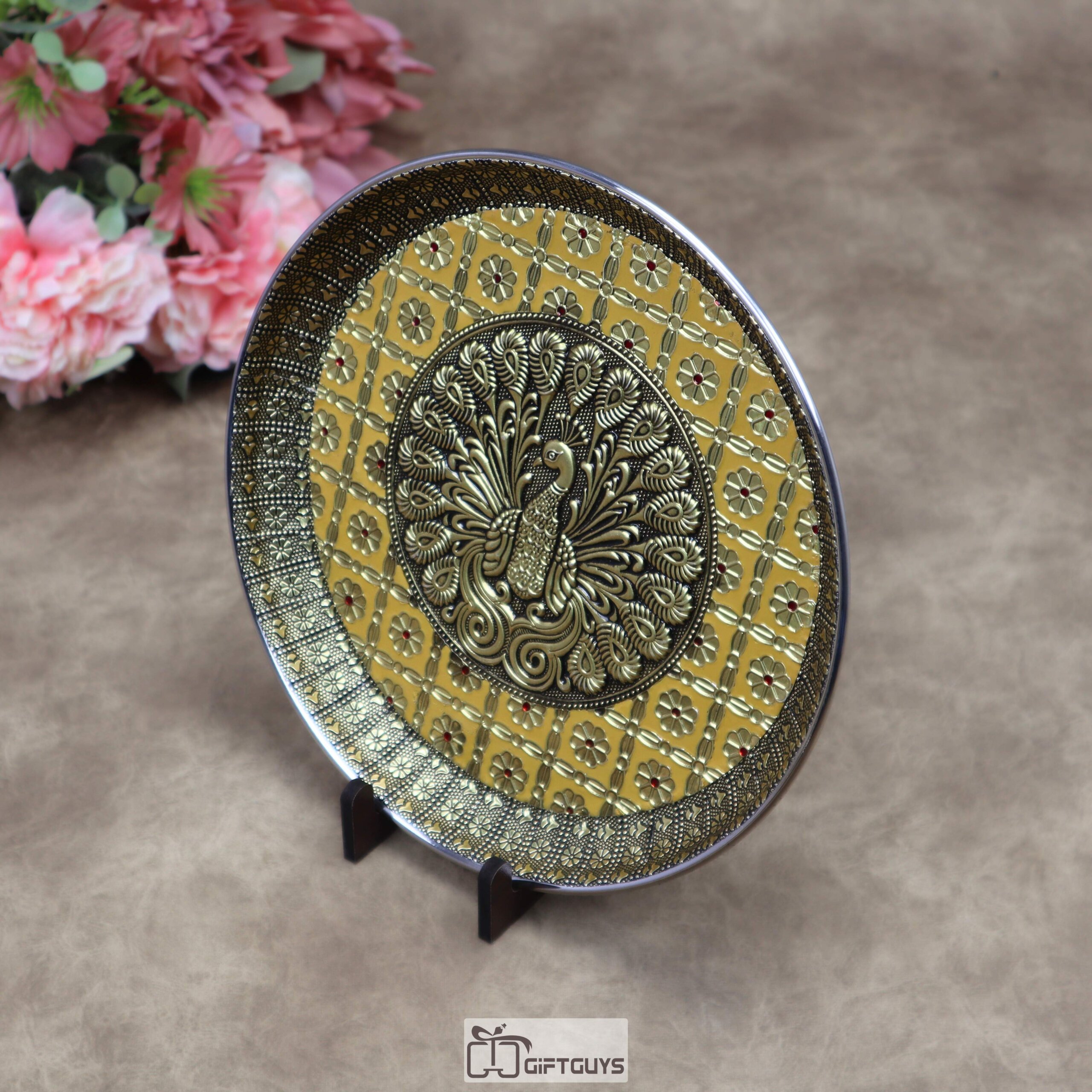 9 Inch Oxidized Meenakari Peacock Embossed Stainless Steel Plate – Decorative Pooja Thali and Festive Serving Tray in 4 Vibrant Colors - Image 6