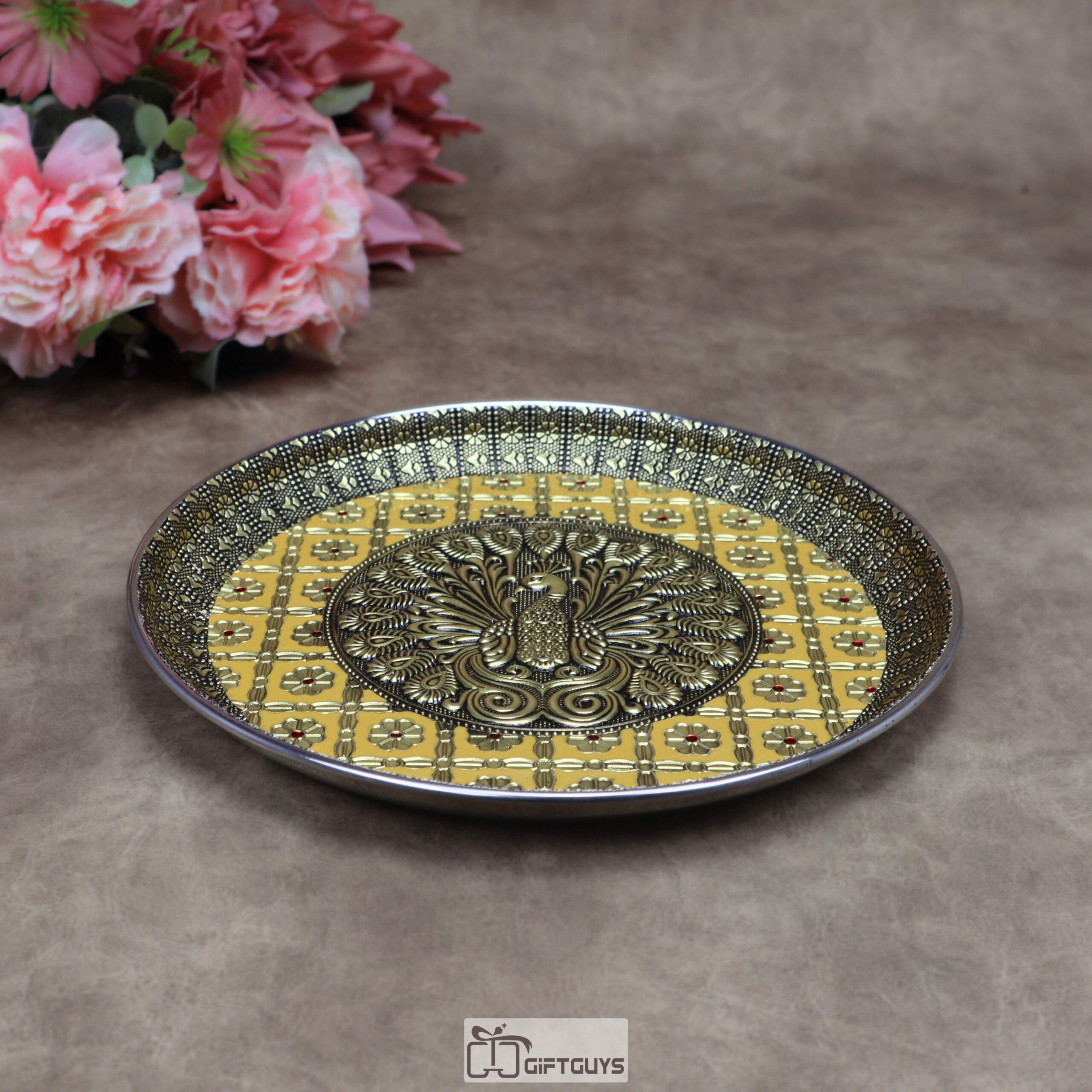 9 Inch Oxidized Meenakari Peacock Embossed Stainless Steel Plate – Decorative Pooja Thali and Festive Serving Tray in 4 Vibrant Colors - Image 5