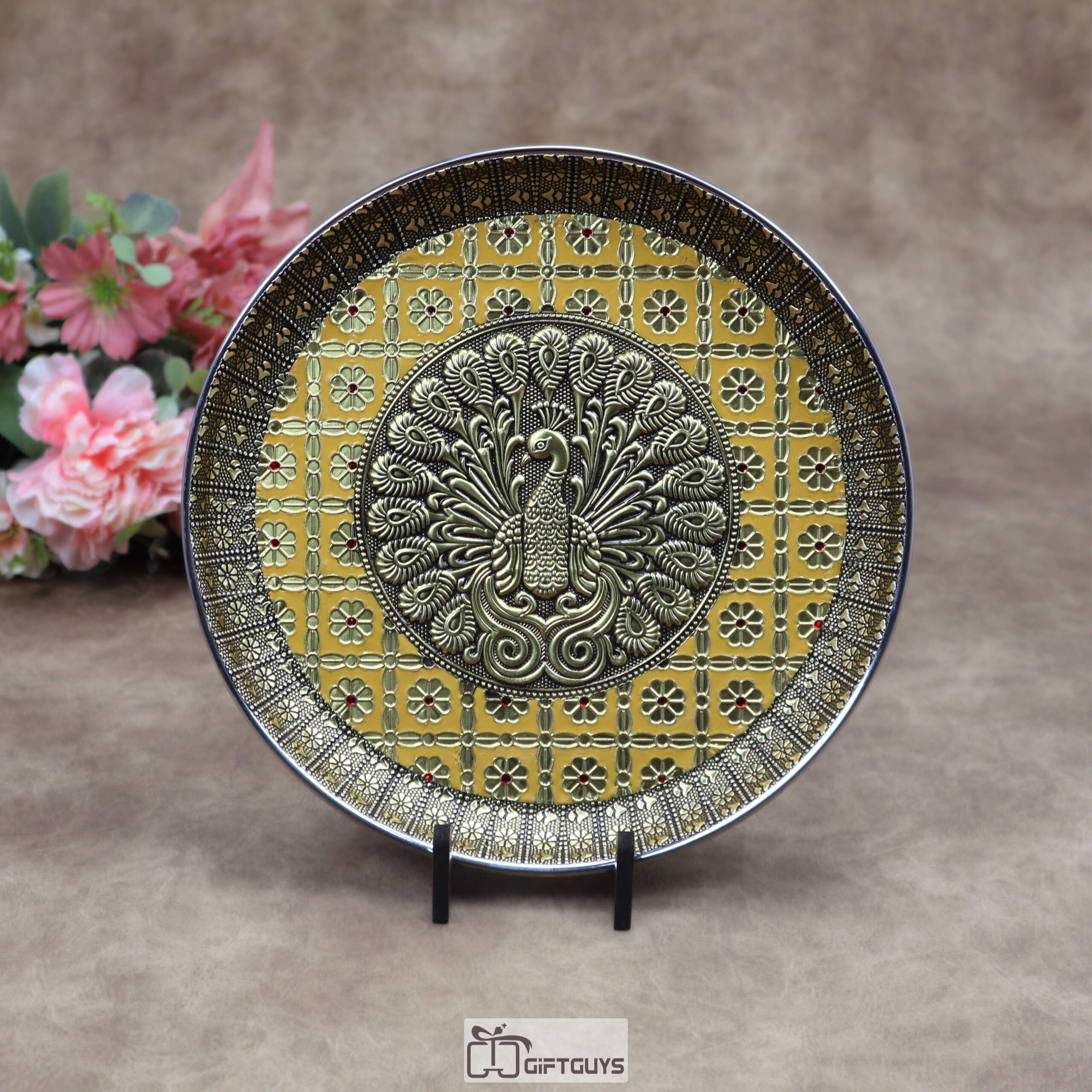 9 Inch Oxidized Meenakari Peacock Embossed Stainless Steel Plate – Decorative Pooja Thali and Festive Serving Tray in 4 Vibrant Colors - Image 4