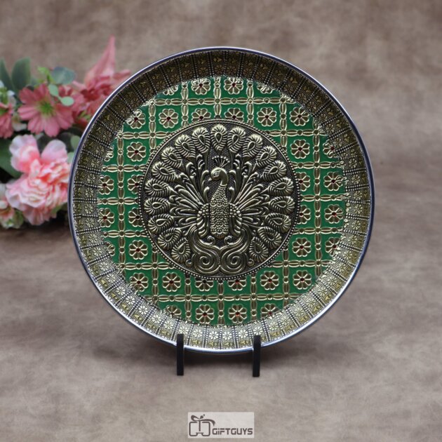 9 Inch Oxidized Meenakari Peacock Embossed Stainless Steel Plate – Decorative Pooja Thali and Festive Serving Tray in 4 Vibrant Colors