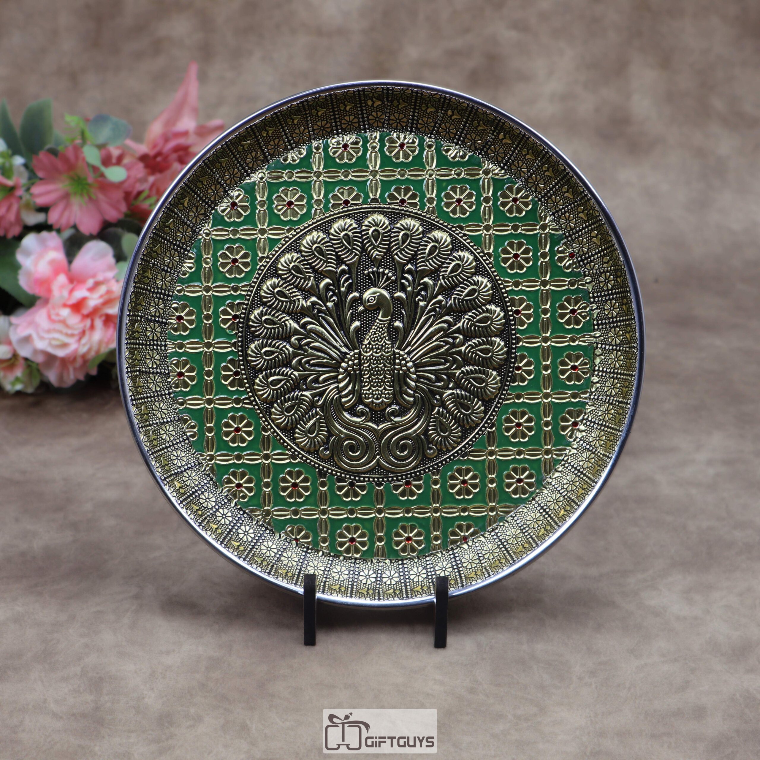 9 Inch Oxidized Meenakari Peacock Embossed Stainless Steel Plate – Decorative Pooja Thali and Festive Serving Tray in 4 Vibrant Colors