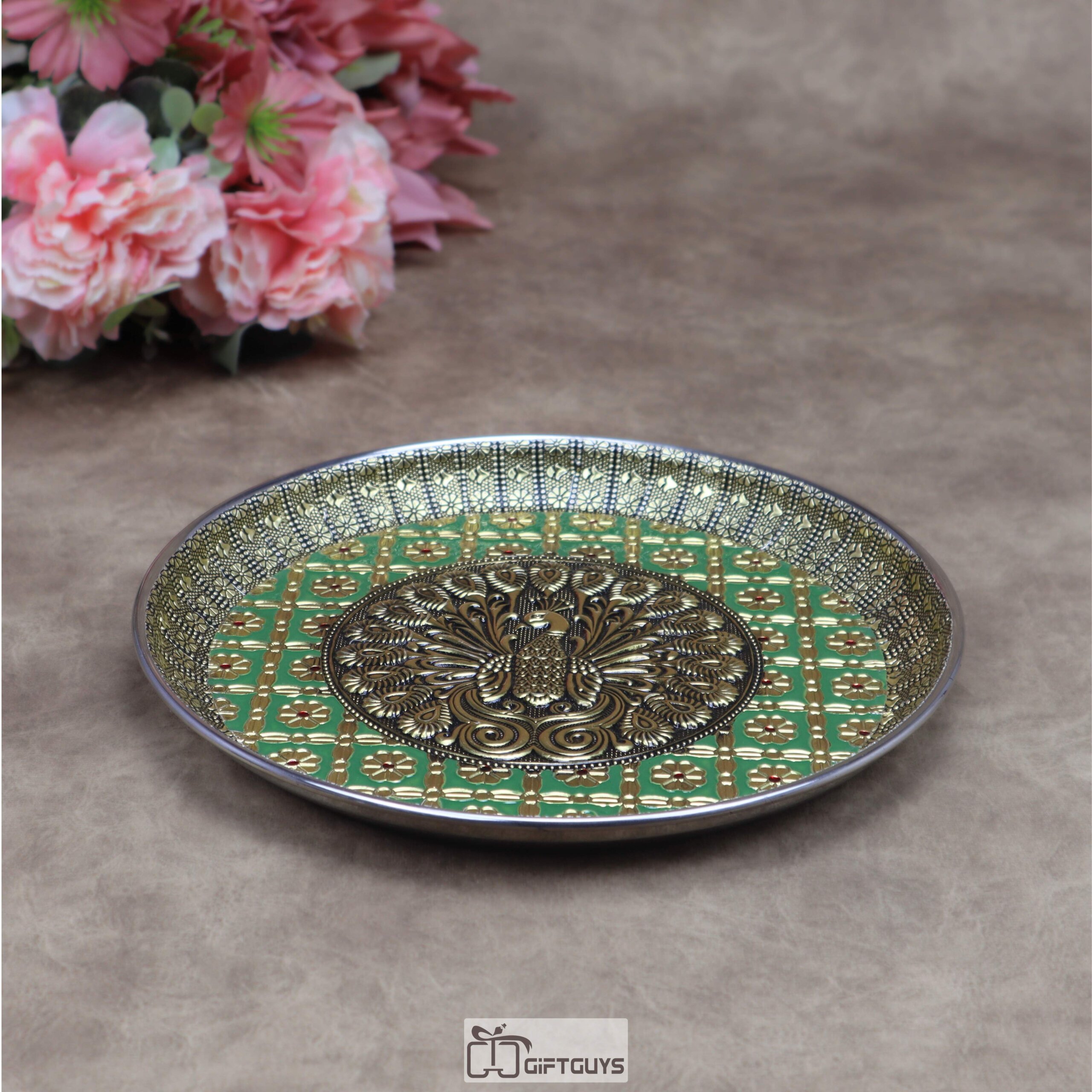 9 Inch Oxidized Meenakari Peacock Embossed Stainless Steel Plate – Decorative Pooja Thali and Festive Serving Tray in 4 Vibrant Colors - Image 2