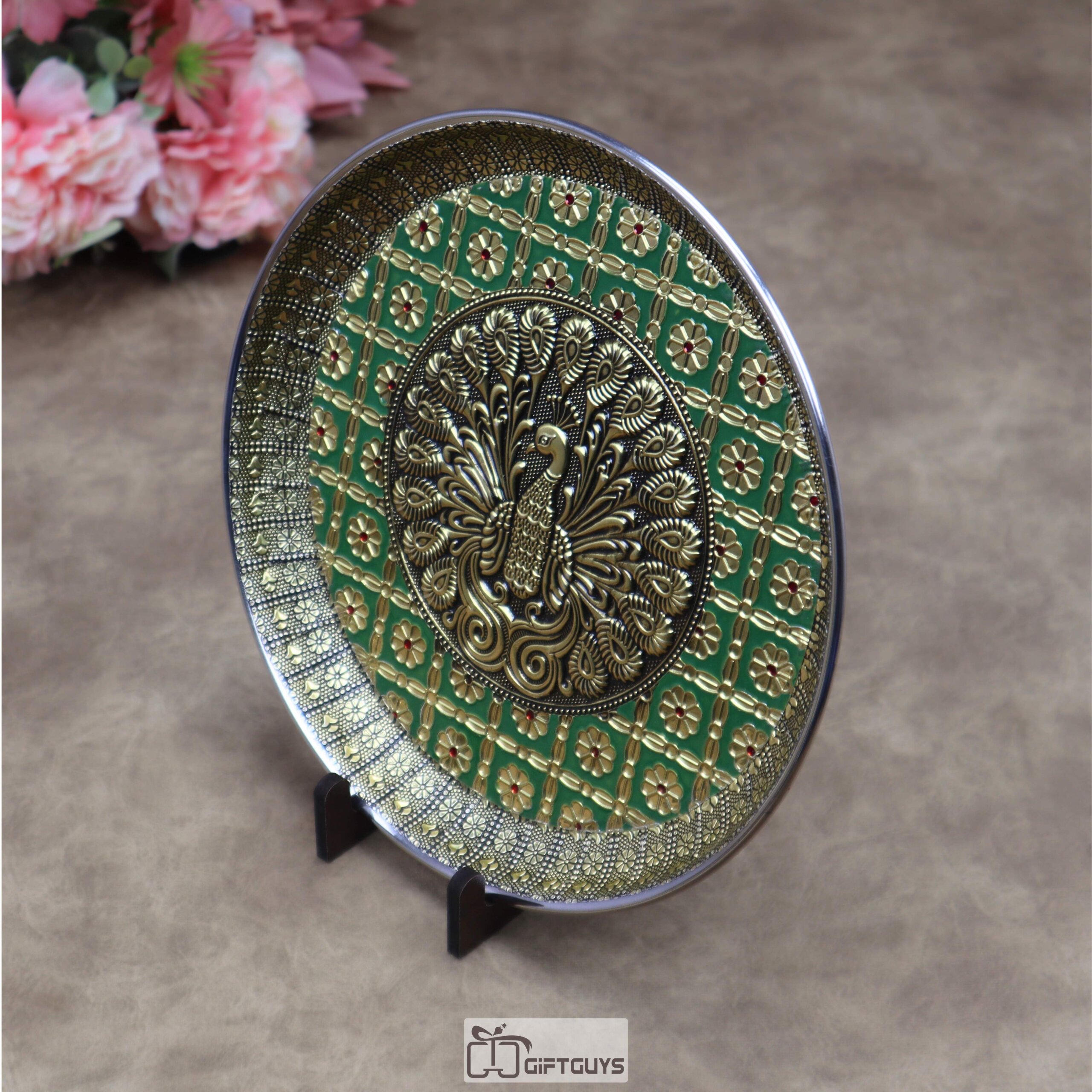 9 Inch Oxidized Meenakari Peacock Embossed Stainless Steel Plate – Decorative Pooja Thali and Festive Serving Tray in 4 Vibrant Colors - Image 3