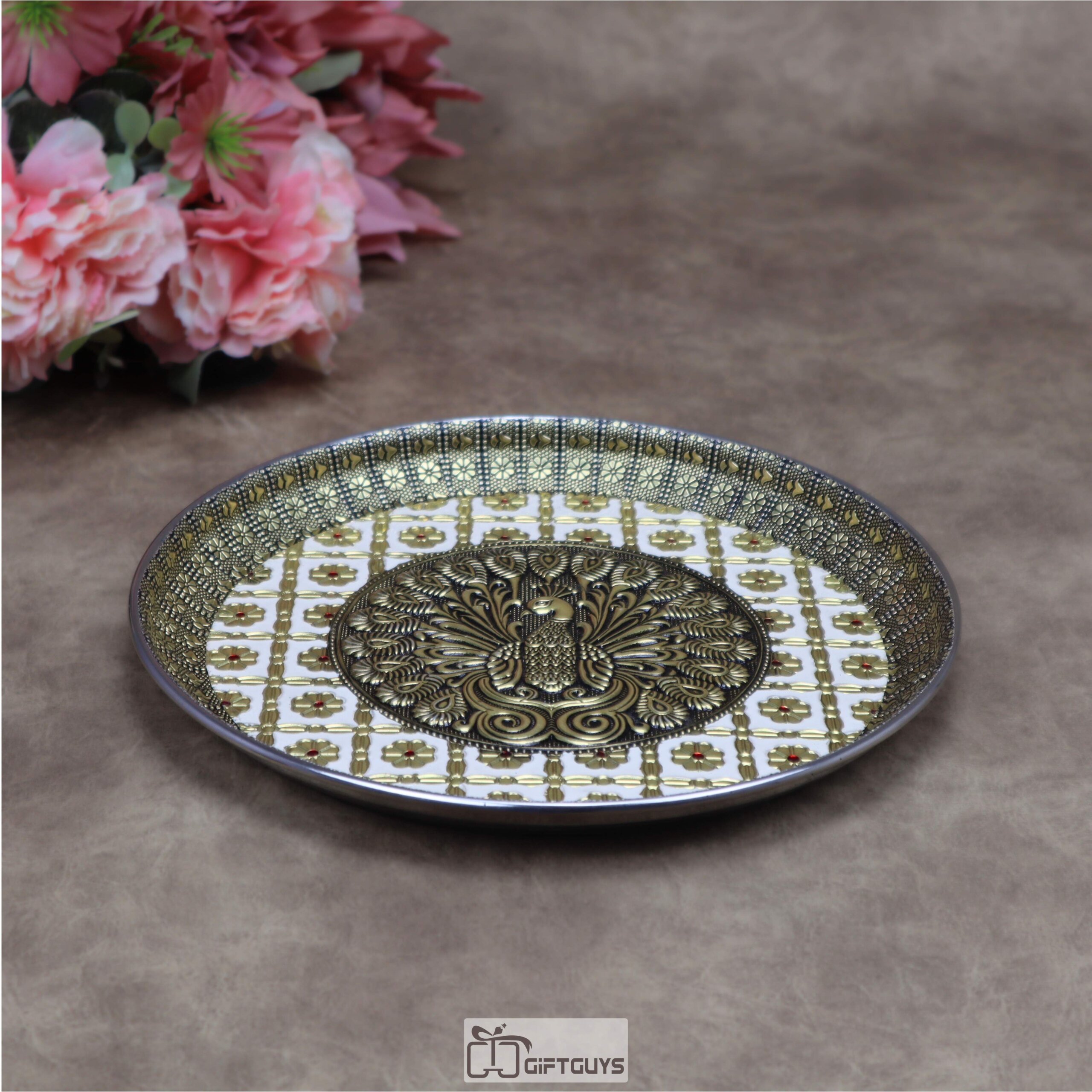 9 Inch Oxidized Meenakari Peacock Embossed Stainless Steel Plate – Decorative Pooja Thali and Festive Serving Tray in 4 Vibrant Colors - Image 8