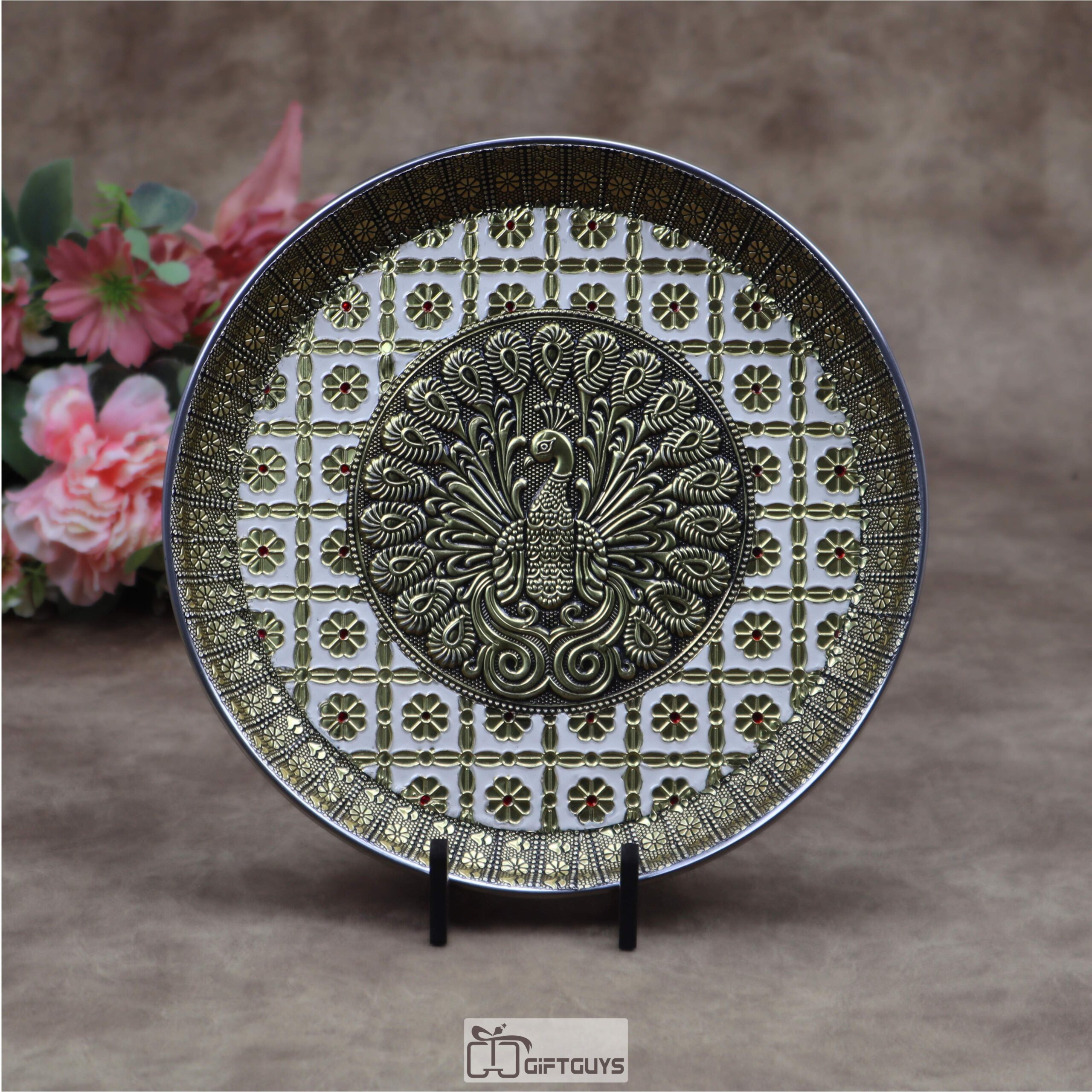 9 Inch Oxidized Meenakari Peacock Embossed Stainless Steel Plate – Decorative Pooja Thali and Festive Serving Tray in 4 Vibrant Colors - Image 7