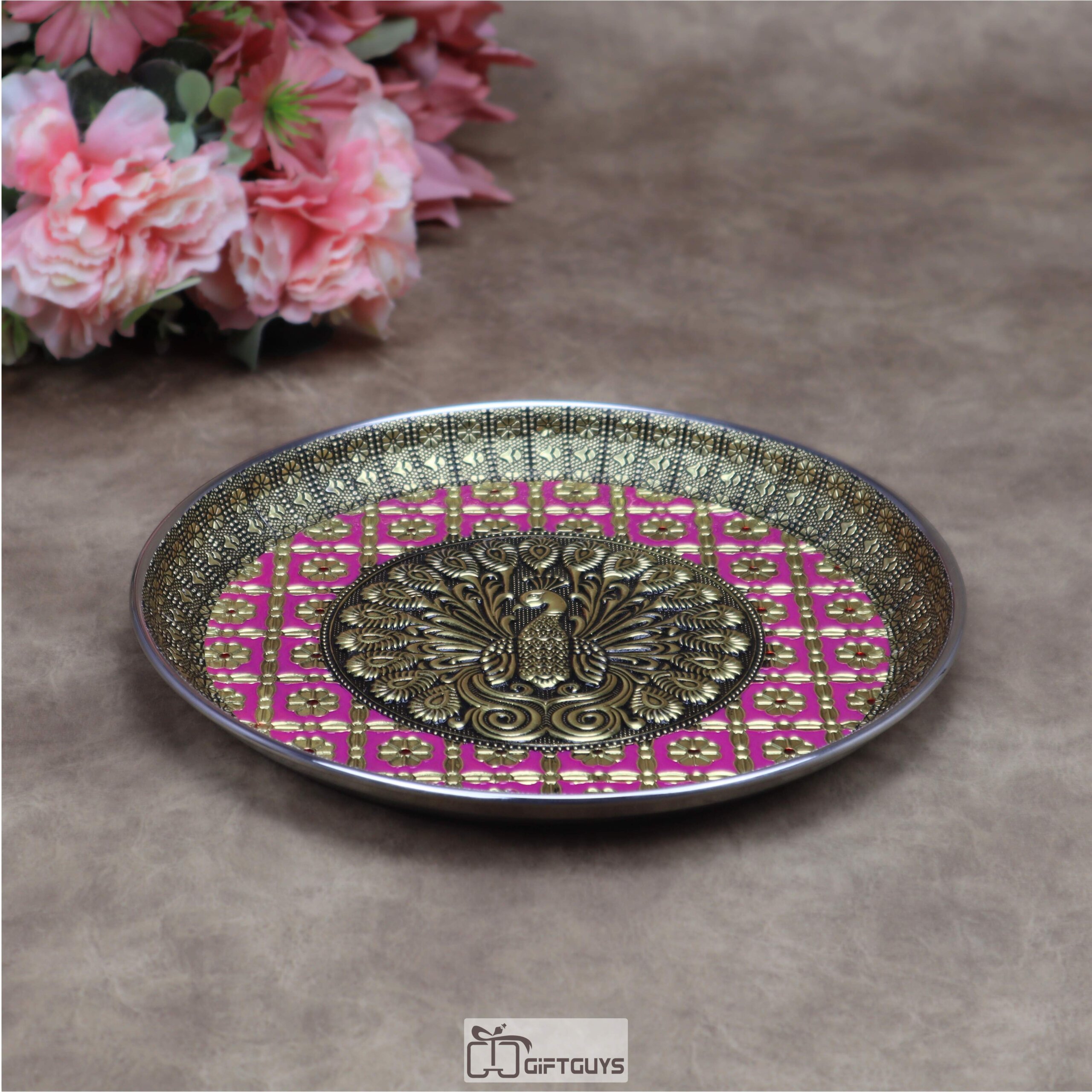 9 Inch Oxidized Meenakari Peacock Embossed Stainless Steel Plate – Decorative Pooja Thali and Festive Serving Tray in 4 Vibrant Colors - Image 11