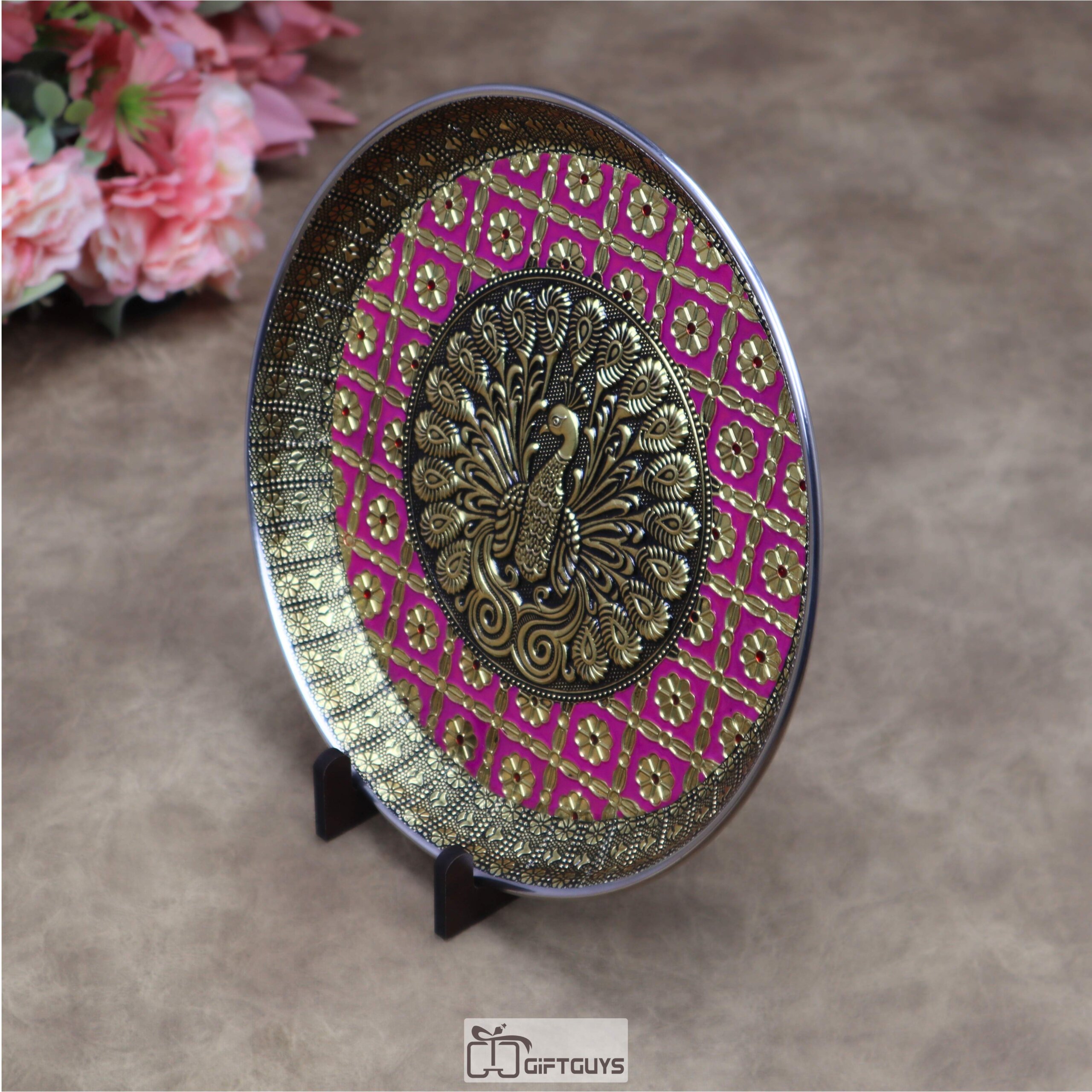 9 Inch Oxidized Meenakari Peacock Embossed Stainless Steel Plate – Decorative Pooja Thali and Festive Serving Tray in 4 Vibrant Colors - Image 12