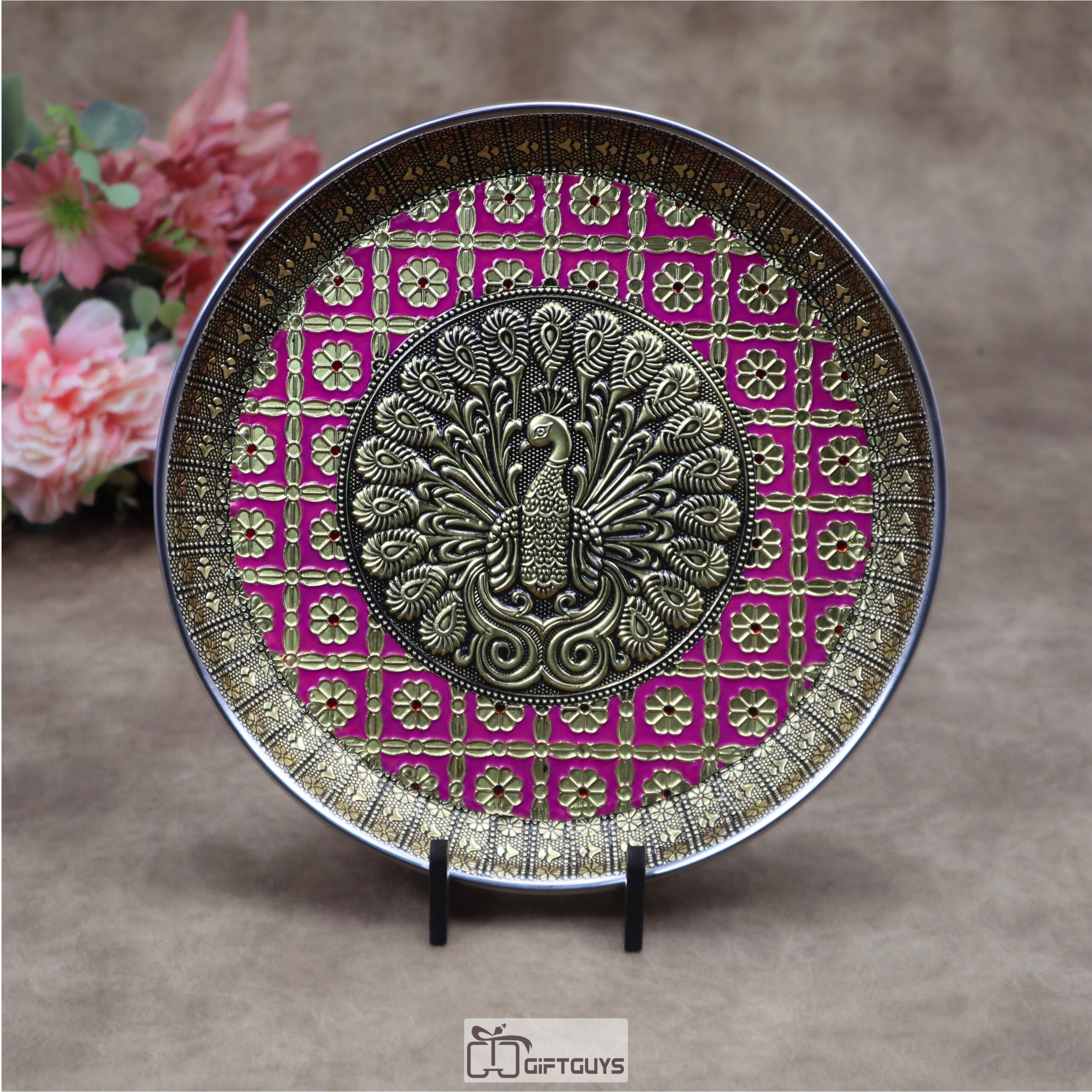 9 Inch Oxidized Meenakari Peacock Embossed Stainless Steel Plate – Decorative Pooja Thali and Festive Serving Tray in 4 Vibrant Colors - Image 10