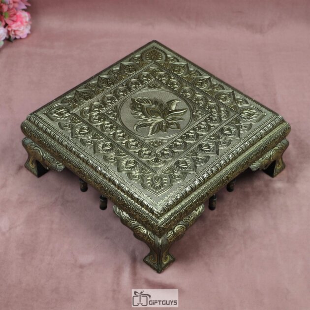 15x15 Inch Handcrafted Golden Oxidized Wooden Chowki – Royal Floral Embossed Pooja Bajot Table with Elephant Legs and Hanging Ghungroos