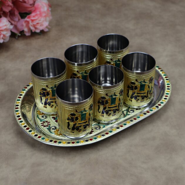 Royal Meenakari Stainless Steel Serving Tray with 6 Glasses Set (12x8.5 Inch Tray)