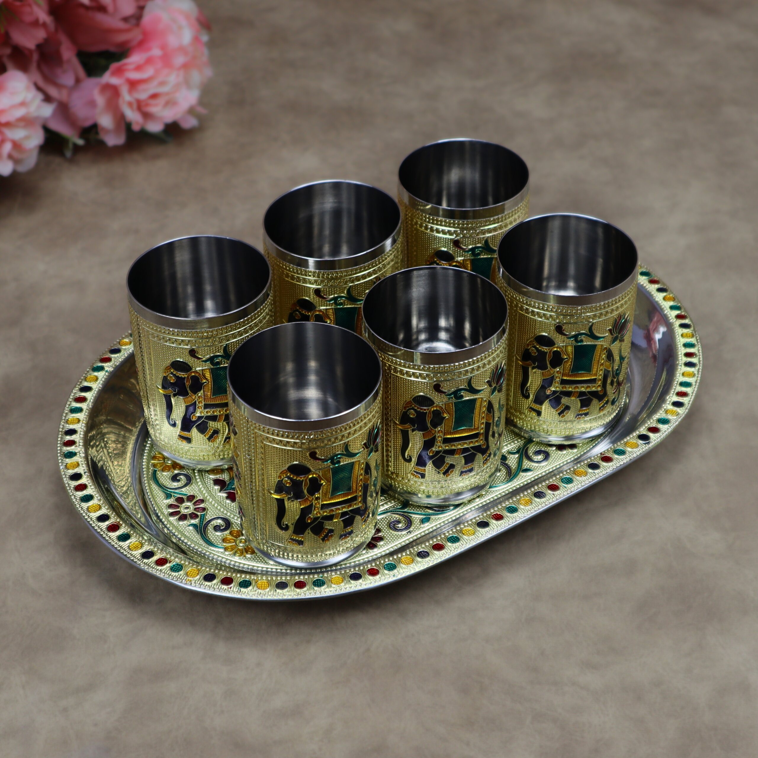 Royal Meenakari Stainless Steel Serving Tray with 6 Glasses Set (12x8.5 Inch Tray)