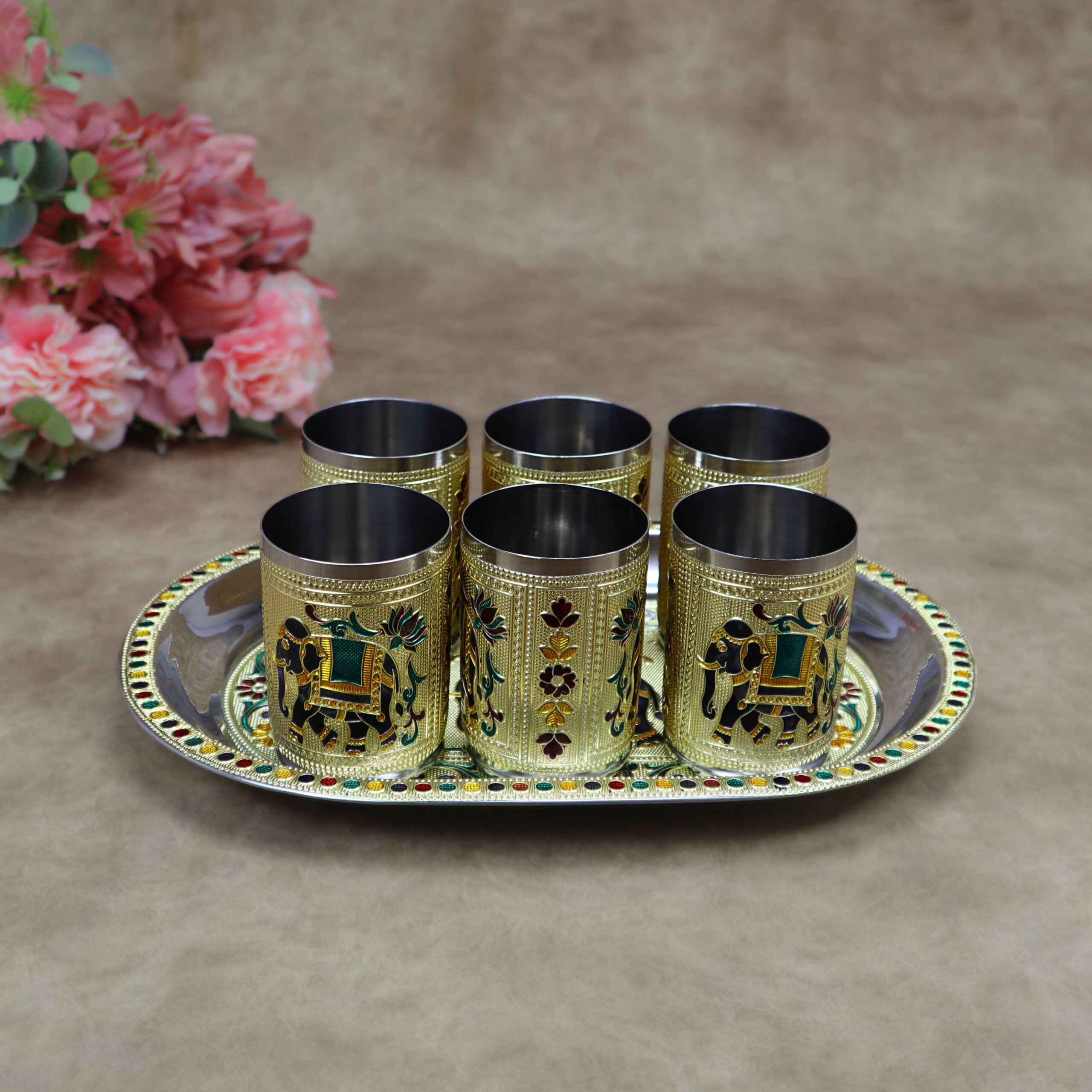 Royal Meenakari Stainless Steel Serving Tray with 6 Glasses Set (12x8.5 Inch Tray) - Image 2