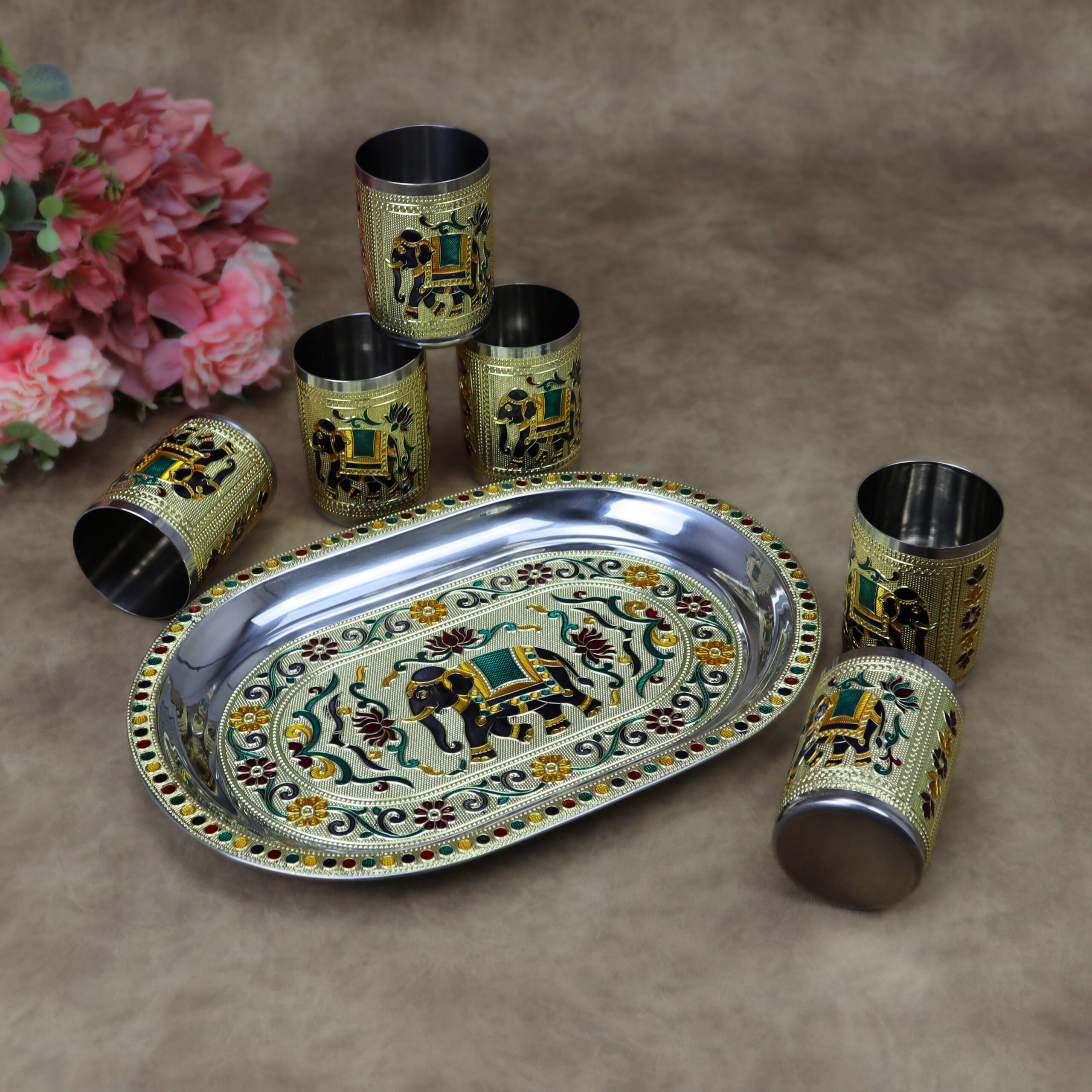 Royal Meenakari Stainless Steel Serving Tray with 6 Glasses Set (12x8.5 Inch Tray) - Image 3