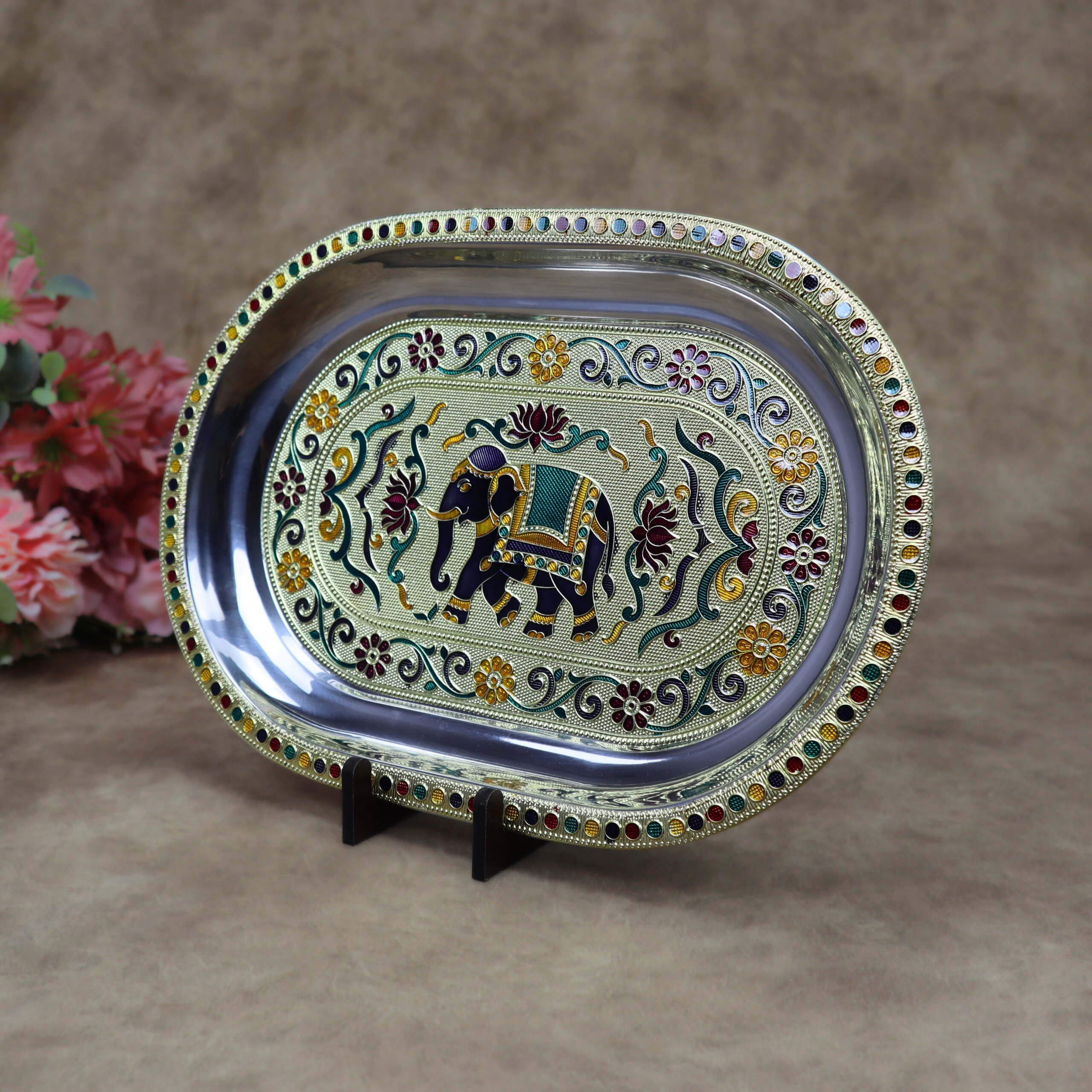 Royal Meenakari Stainless Steel Serving Tray – Traditional Elephant Embossed Oval Platter in Gold and Rose Gold - Image 7