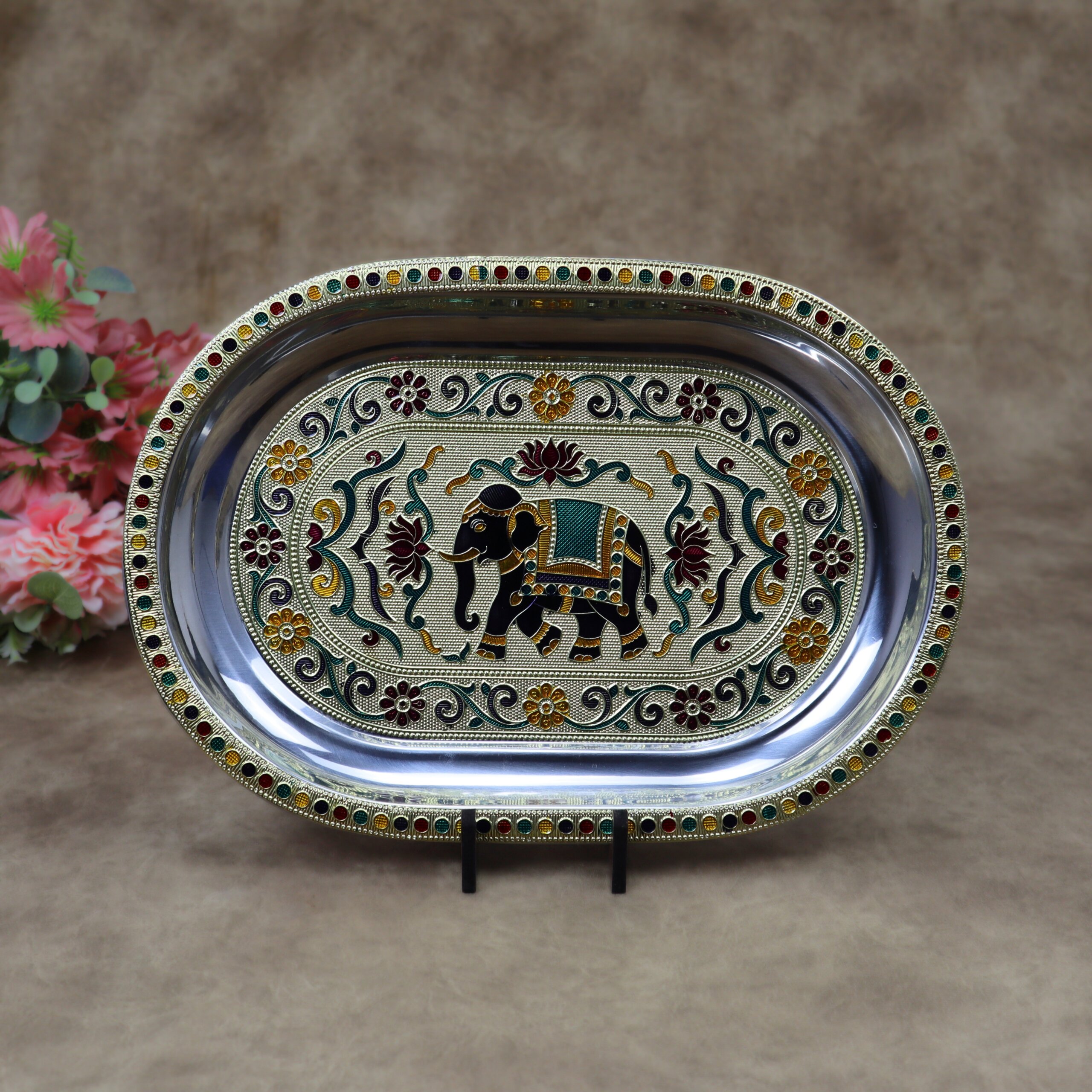 Royal Meenakari Stainless Steel Serving Tray – Traditional Elephant Embossed Oval Platter in Gold and Rose Gold - Image 5