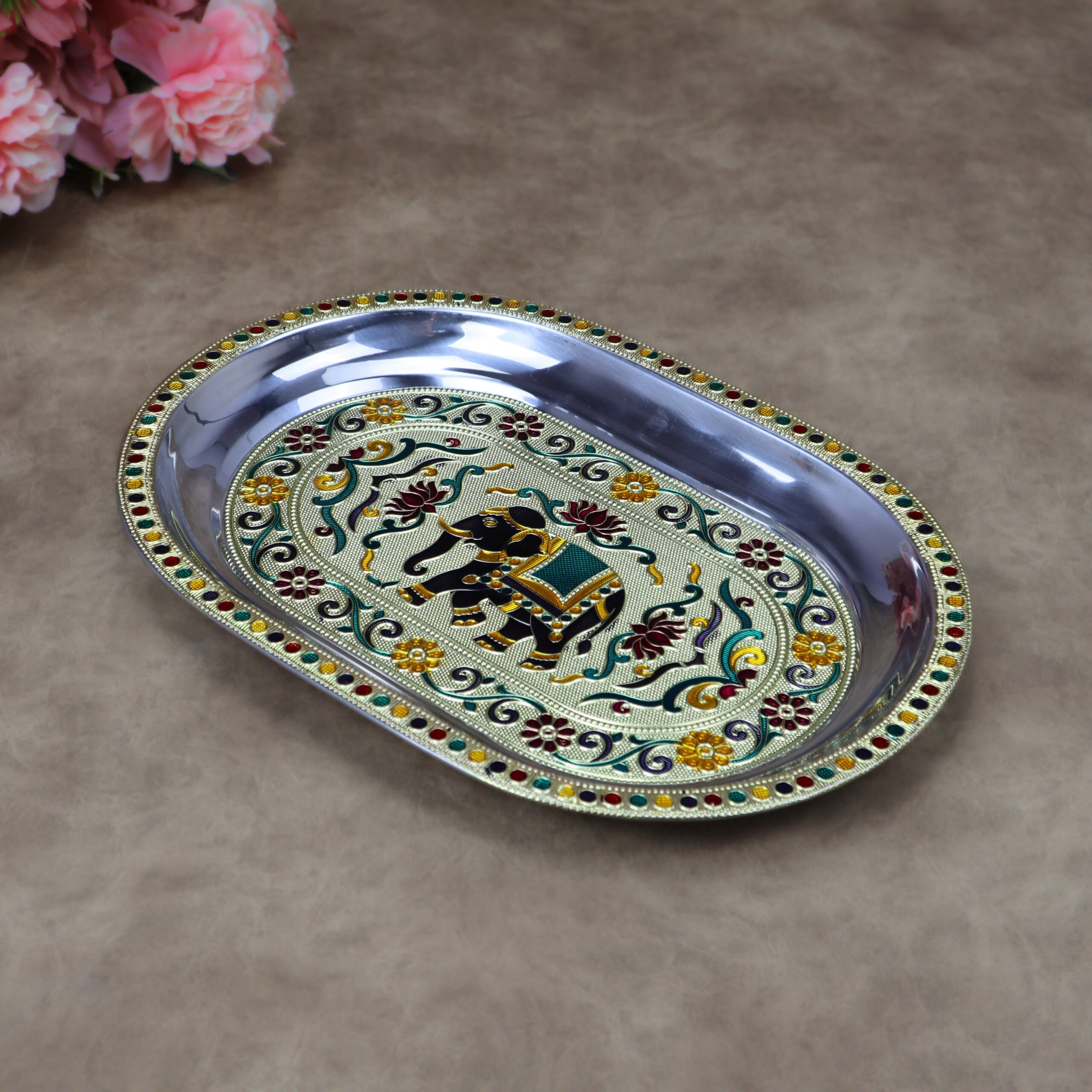 Royal Meenakari Stainless Steel Serving Tray – Traditional Elephant Embossed Oval Platter in Gold and Rose Gold - Image 6