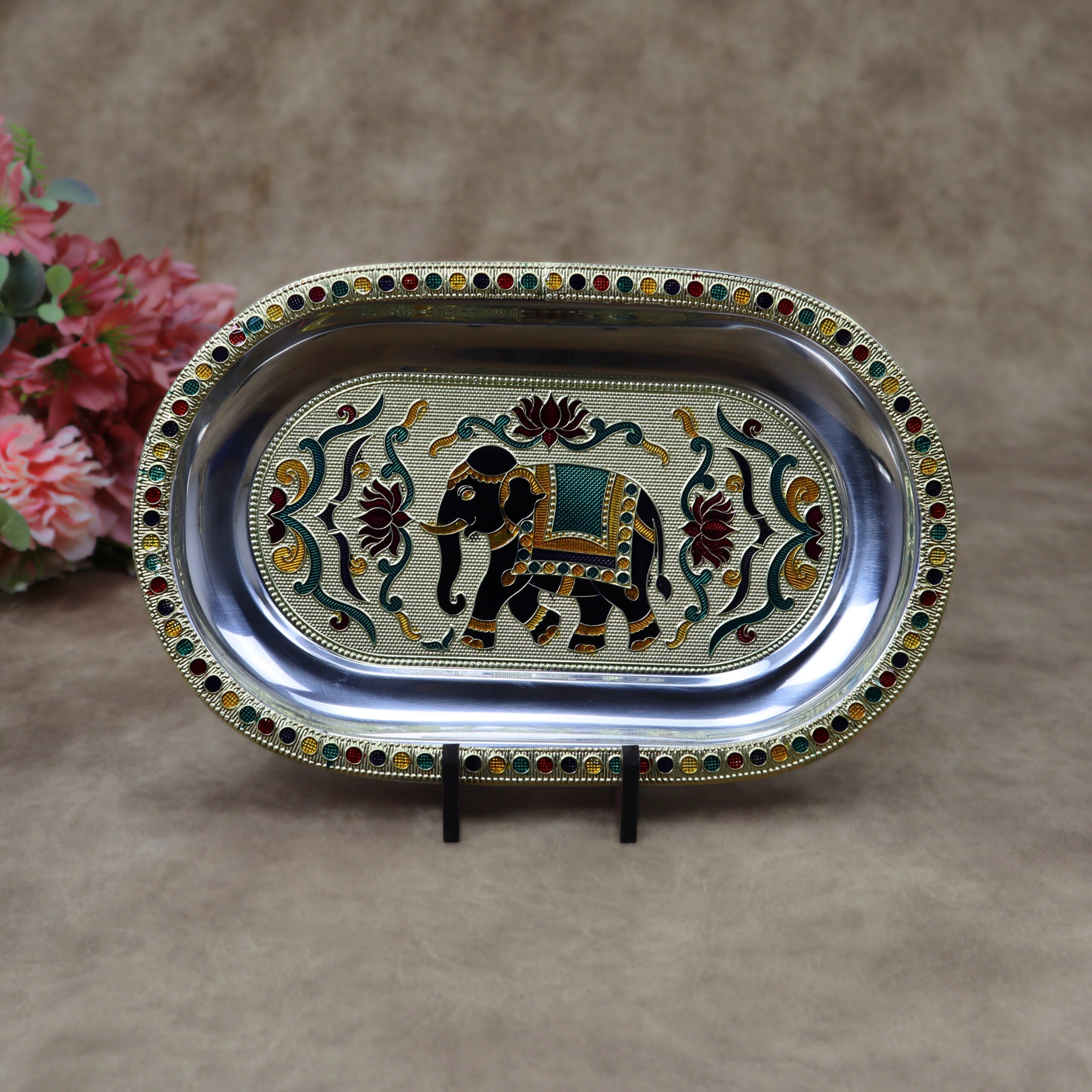 Royal Meenakari Stainless Steel Serving Tray with 2 Glasses Set (10.5x6.5 Inch Tray) - Image 4