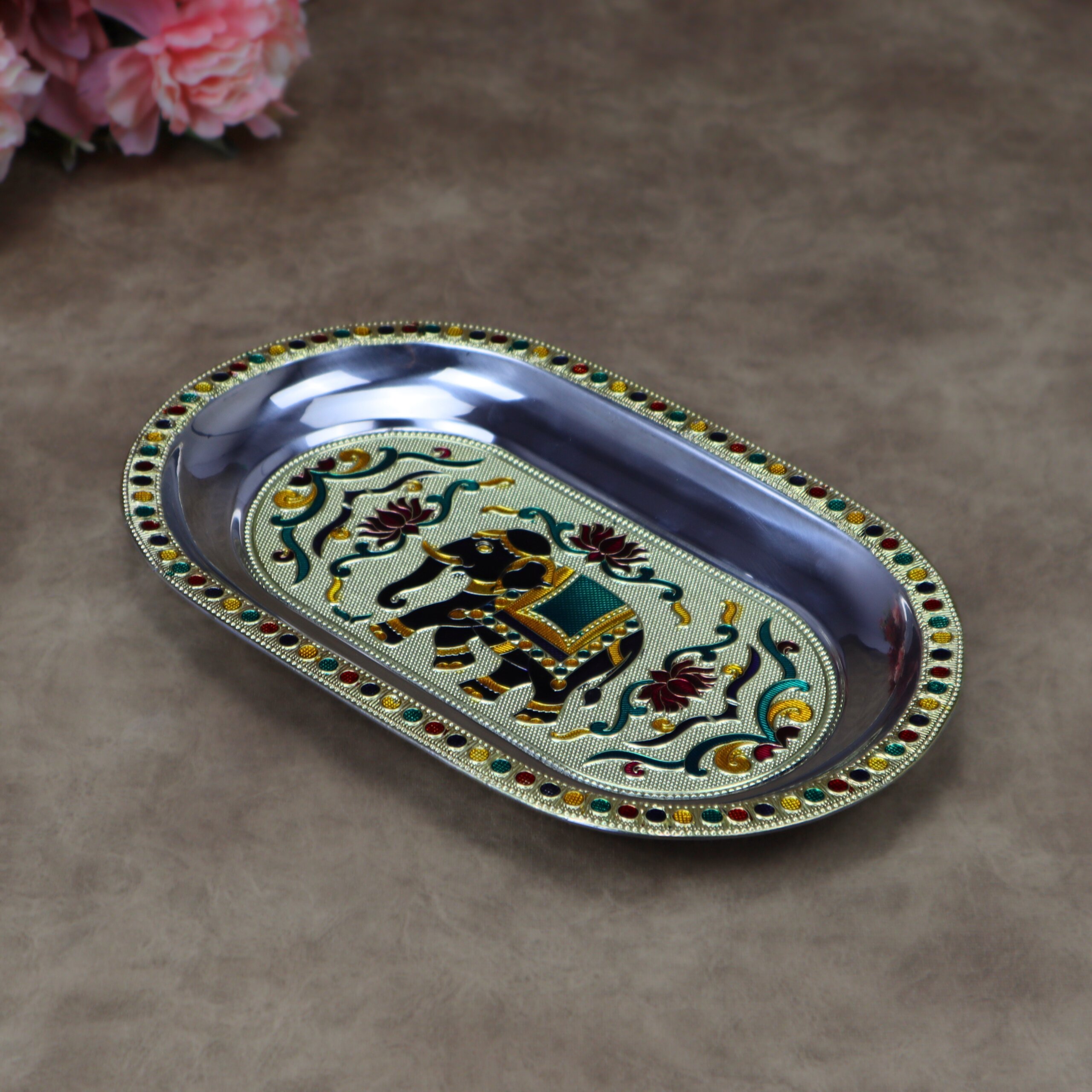 Royal Meenakari Stainless Steel Serving Tray – Traditional Elephant Embossed Oval Platter in Gold and Rose Gold - Image 2