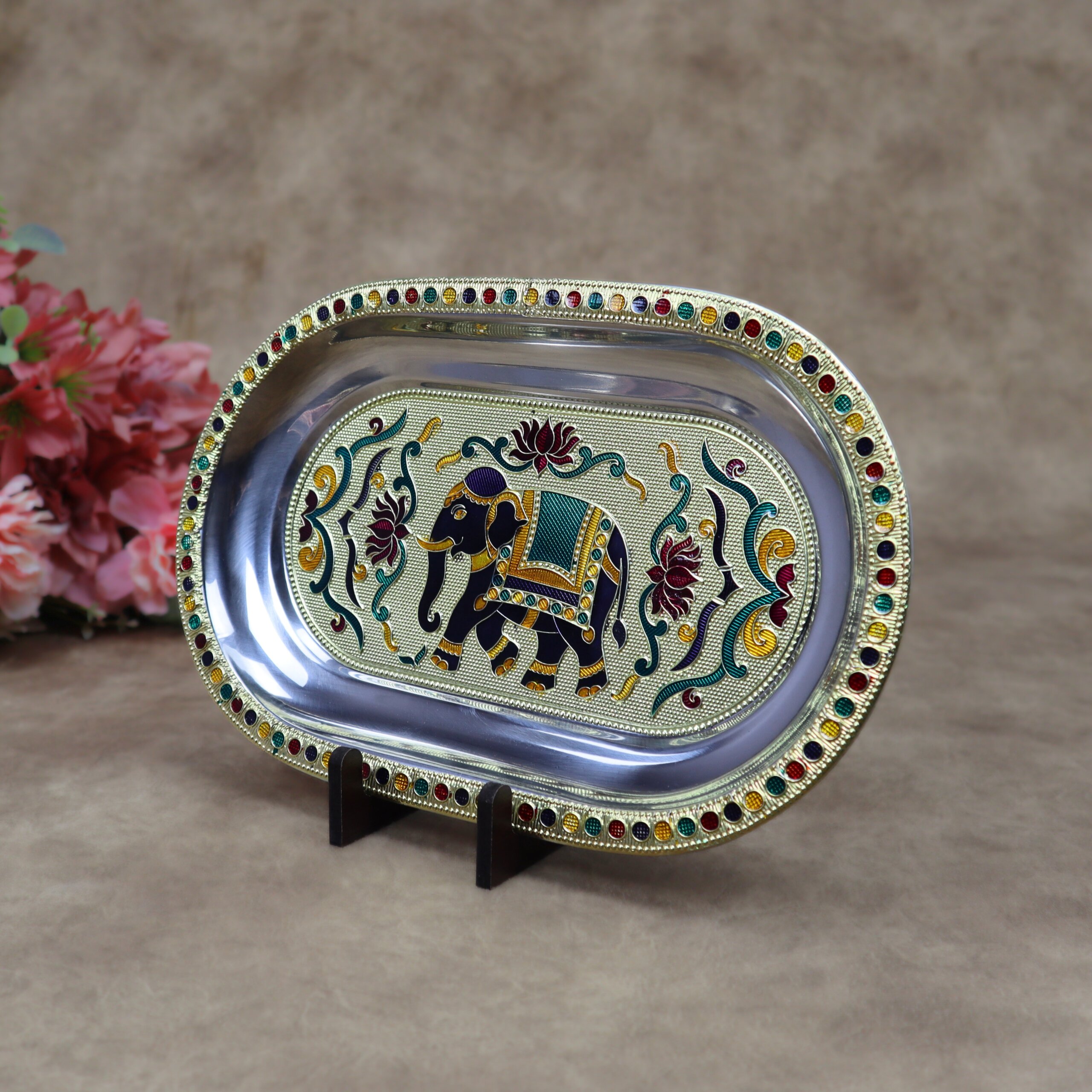 Royal Meenakari Stainless Steel Serving Tray – Traditional Elephant Embossed Oval Platter in Gold and Rose Gold - Image 3