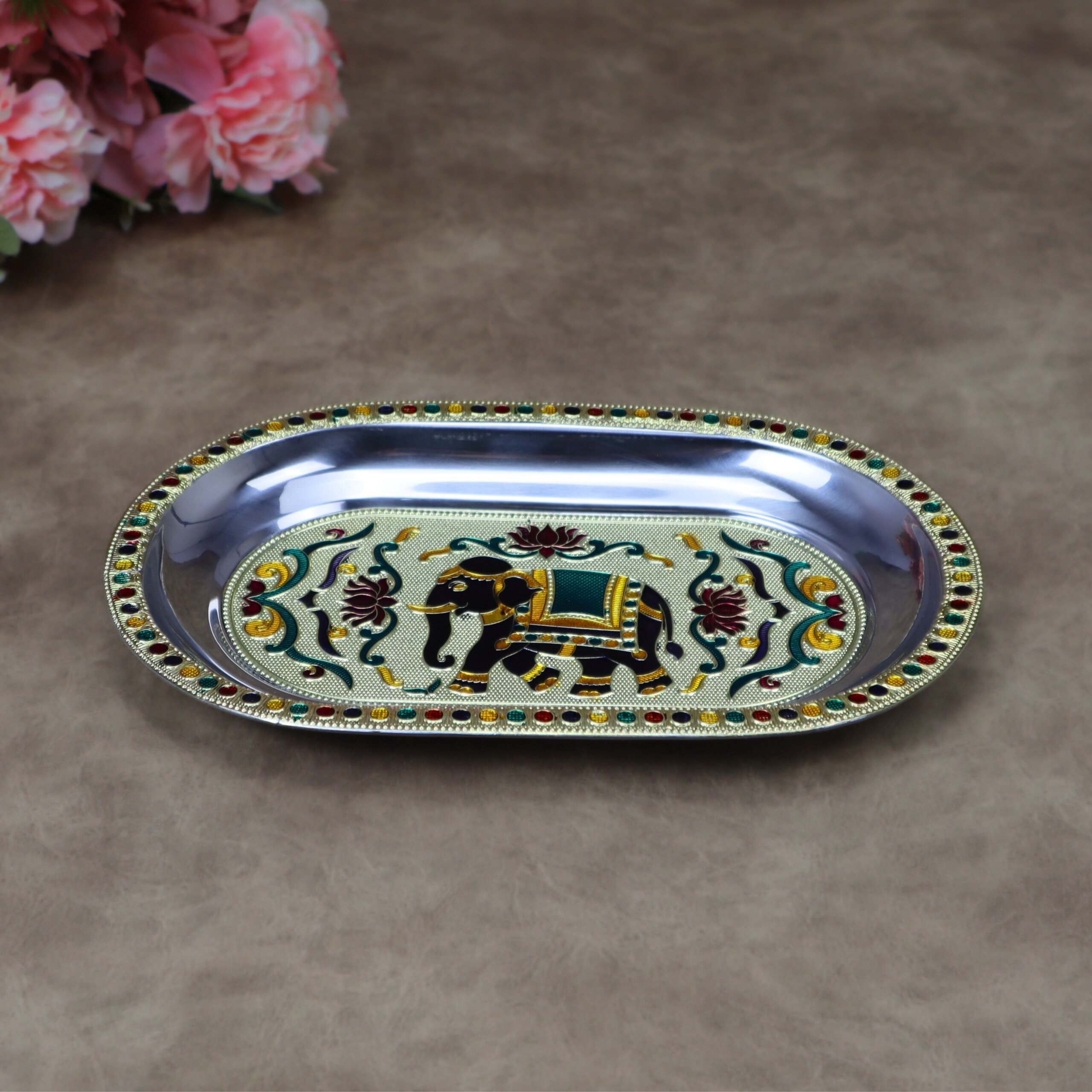 Royal Meenakari Stainless Steel Serving Tray – Traditional Elephant Embossed Oval Platter in Gold and Rose Gold - Image 4
