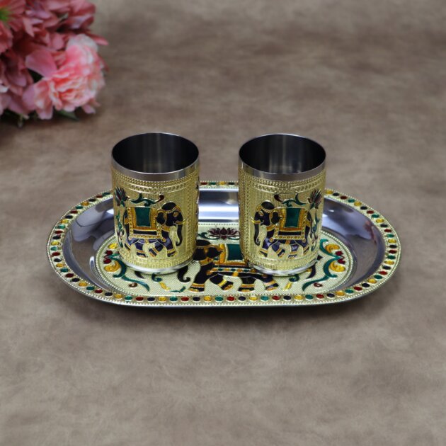 Royal Meenakari Stainless Steel Serving Tray with 2 Glasses Set (10.5x6.5 Inch Tray)
