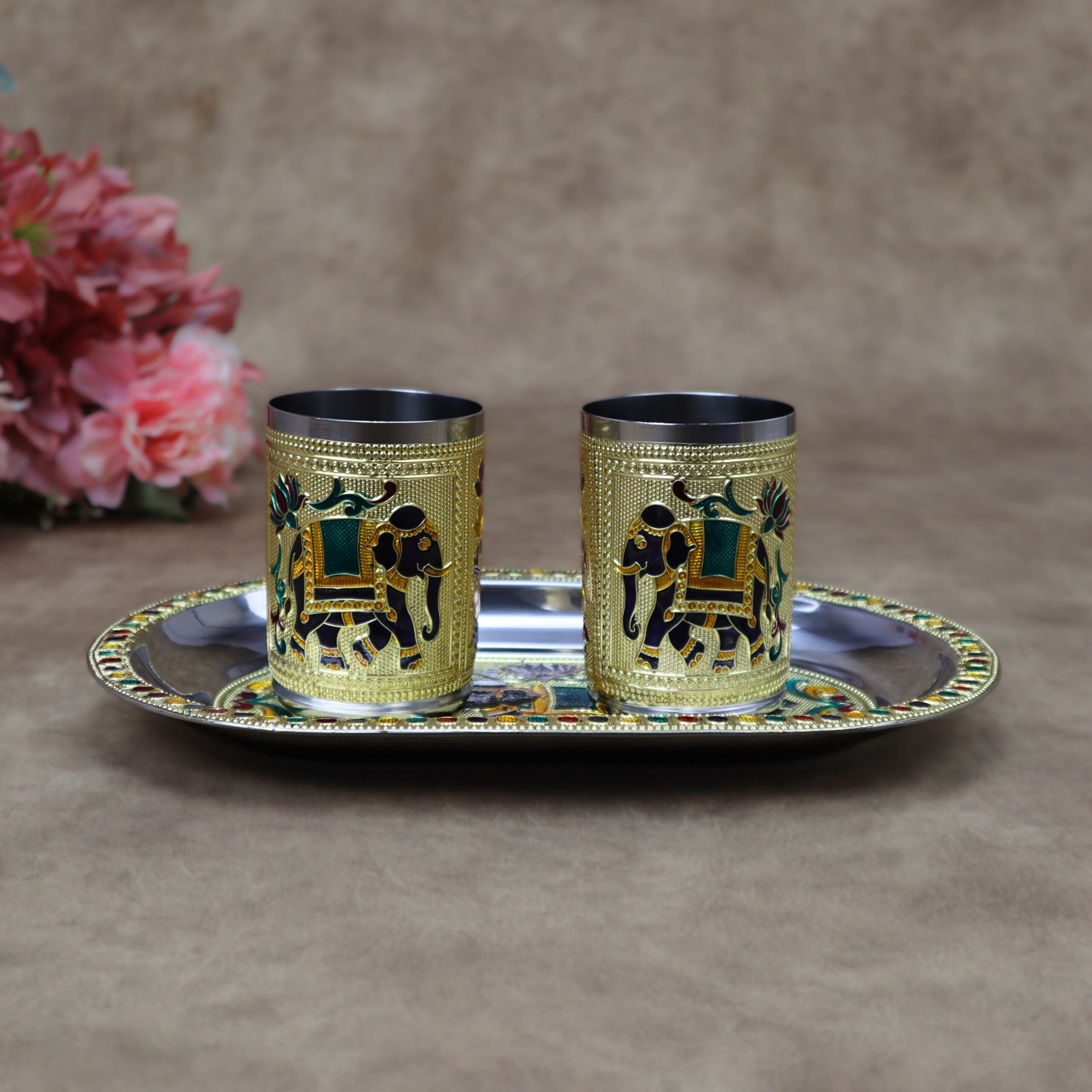 Royal Meenakari Stainless Steel Serving Tray with 2 Glasses Set (10.5x6.5 Inch Tray) - Image 2