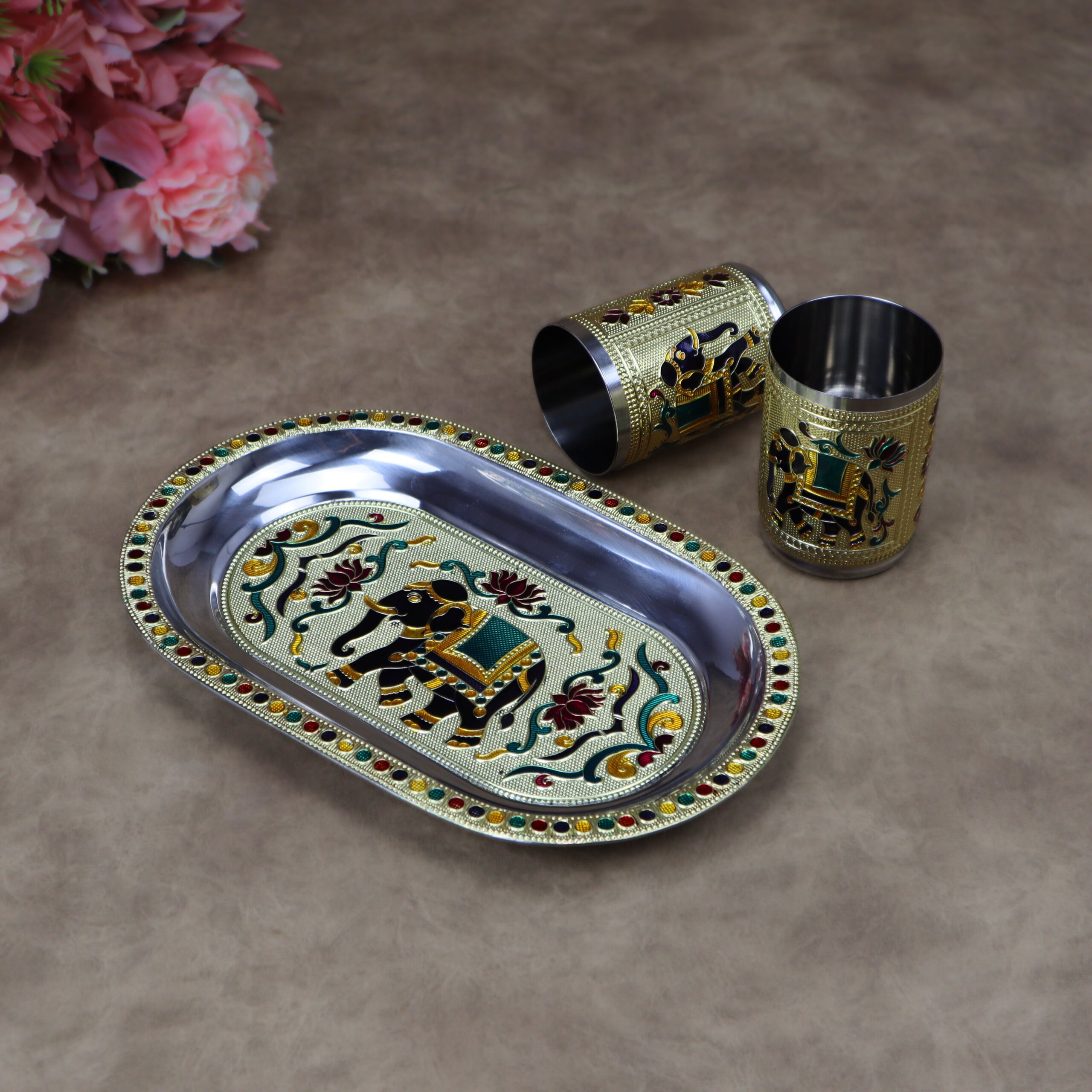 Royal Meenakari Stainless Steel Serving Tray with 2 Glasses Set (10.5x6.5 Inch Tray) - Image 3