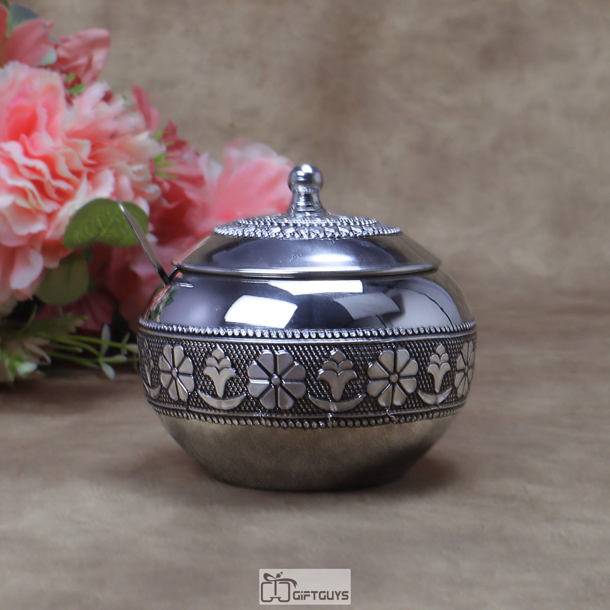 Multipurpose Handcrafted Oxidized Stainless Steel Pot with Lid & Spoon – Antique Silver Embossed Container for Ghee, Chutney & Mukhwas - Image 3