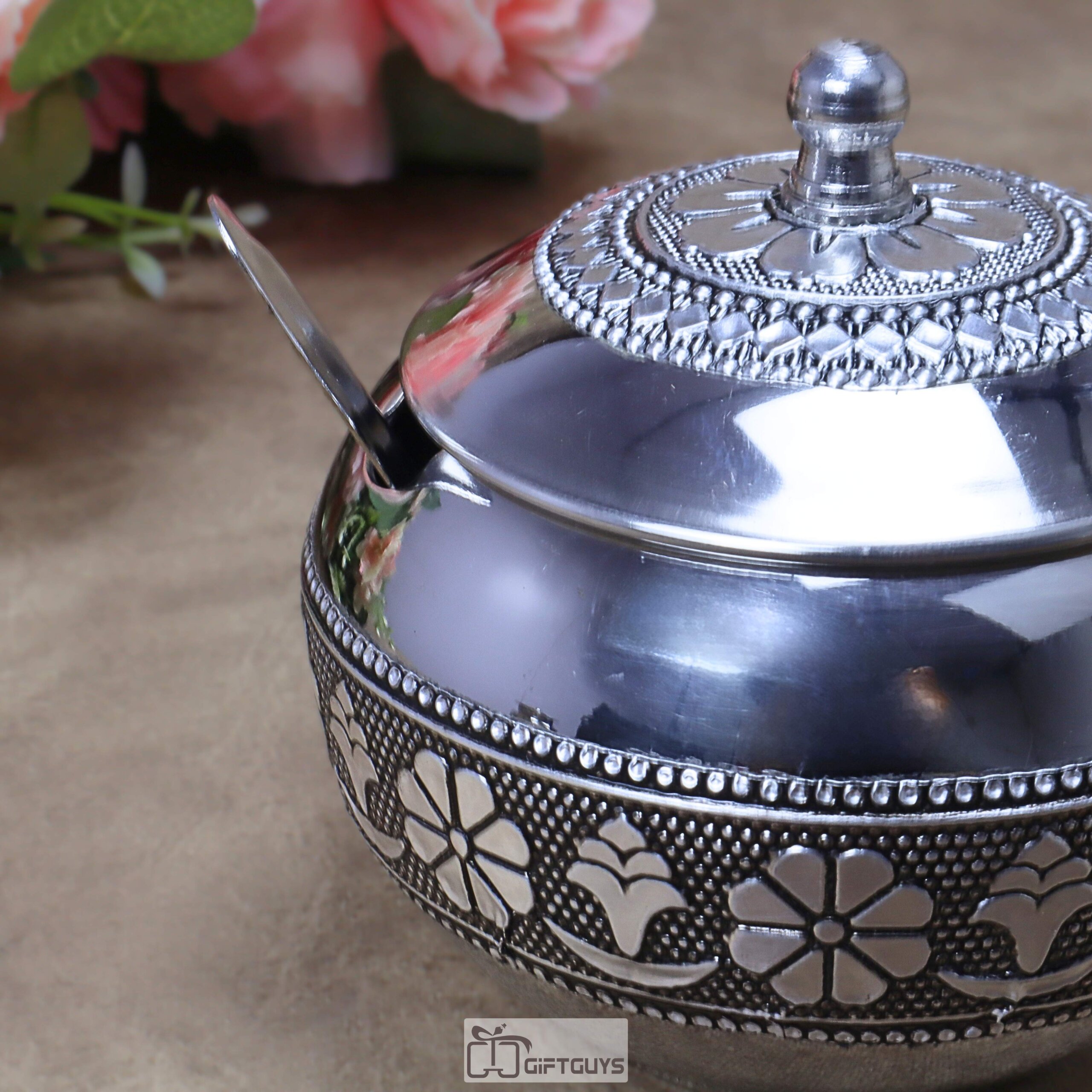 Multipurpose Handcrafted Oxidized Stainless Steel Pot with Lid & Spoon – Antique Silver Embossed Container for Ghee, Chutney & Mukhwas - Image 4