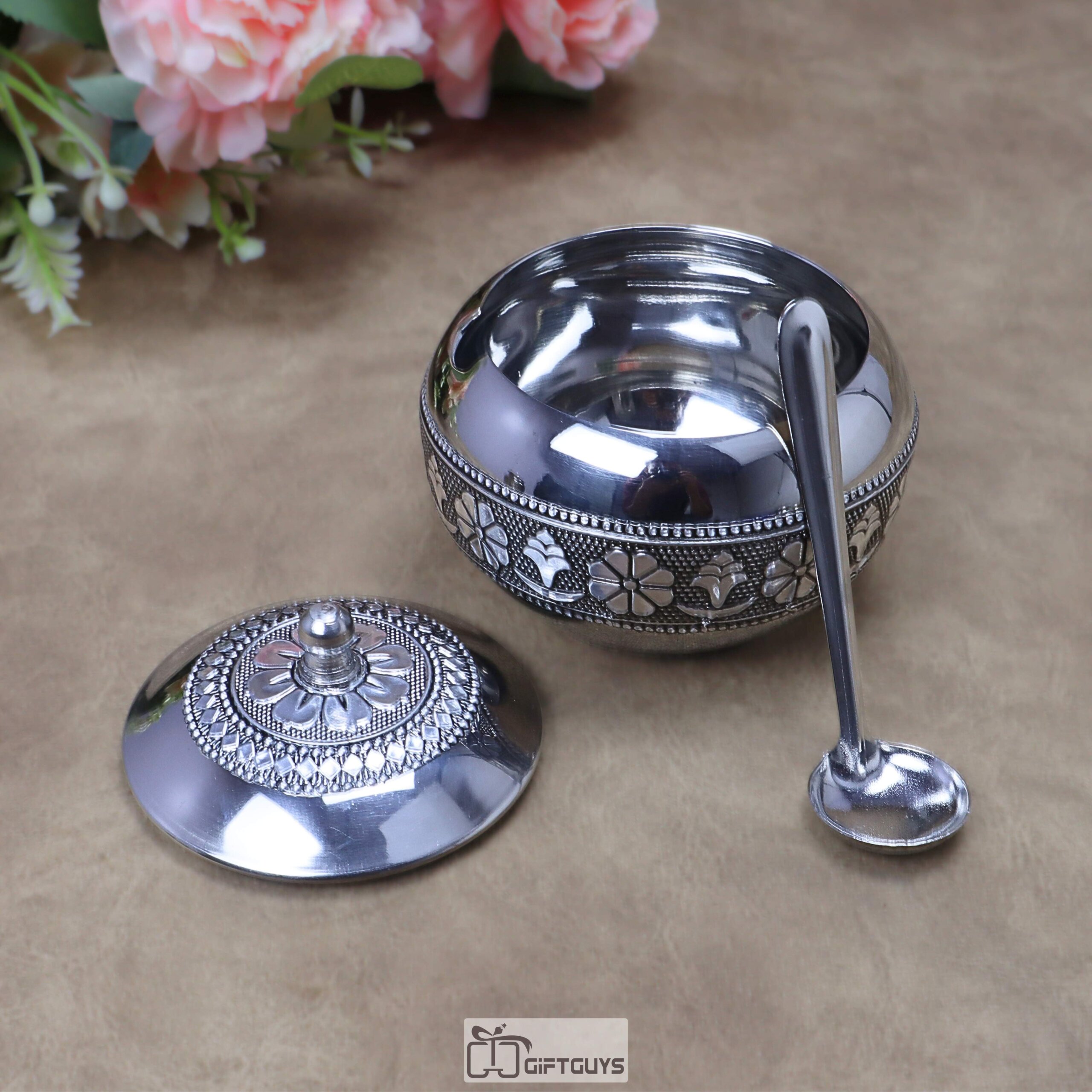 Multipurpose Handcrafted Oxidized Stainless Steel Pot with Lid & Spoon – Antique Silver Embossed Container for Ghee, Chutney & Mukhwas - Image 2