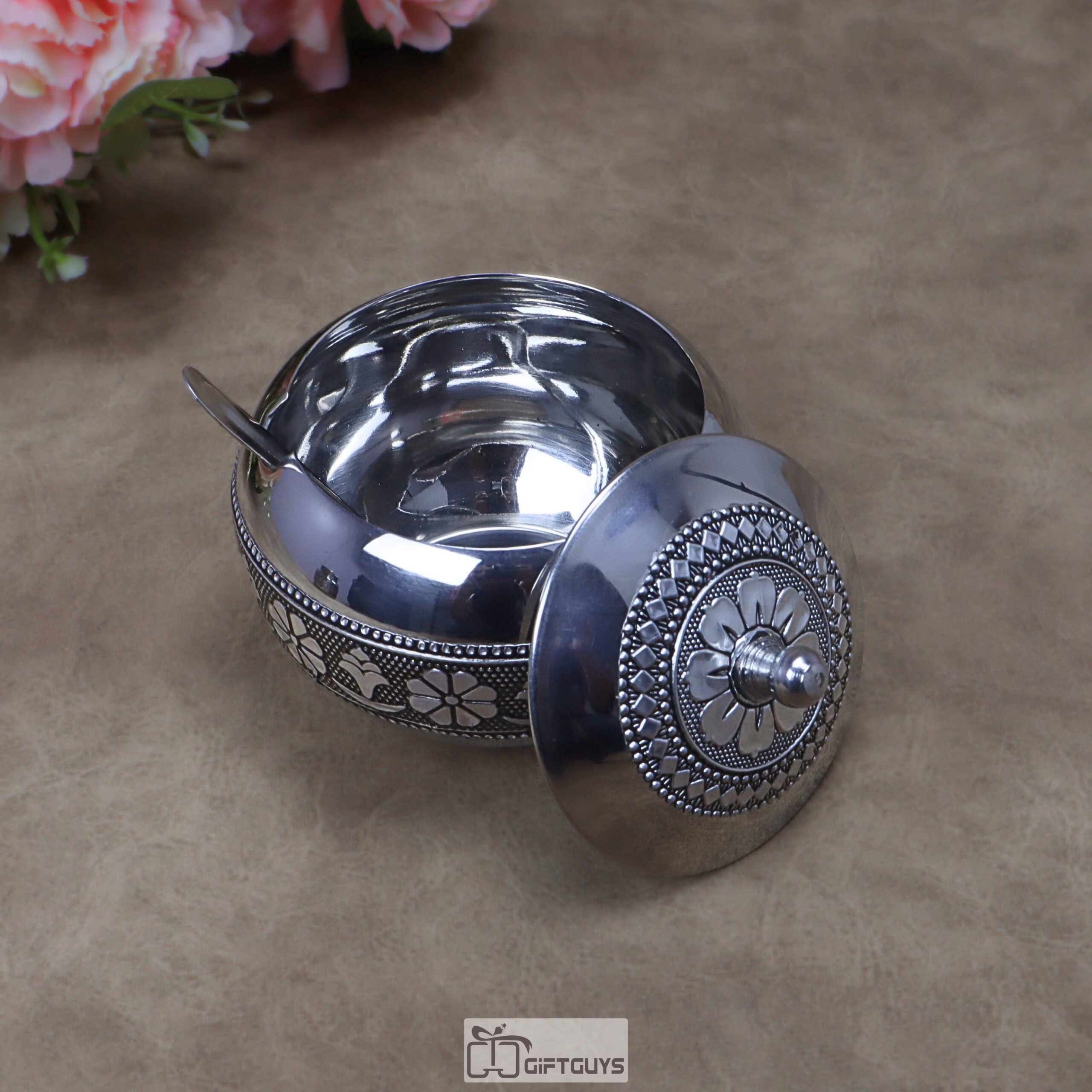 Multipurpose Handcrafted Oxidized Stainless Steel Pot with Lid & Spoon – Antique Silver Embossed Container for Ghee, Chutney & Mukhwas - Image 5