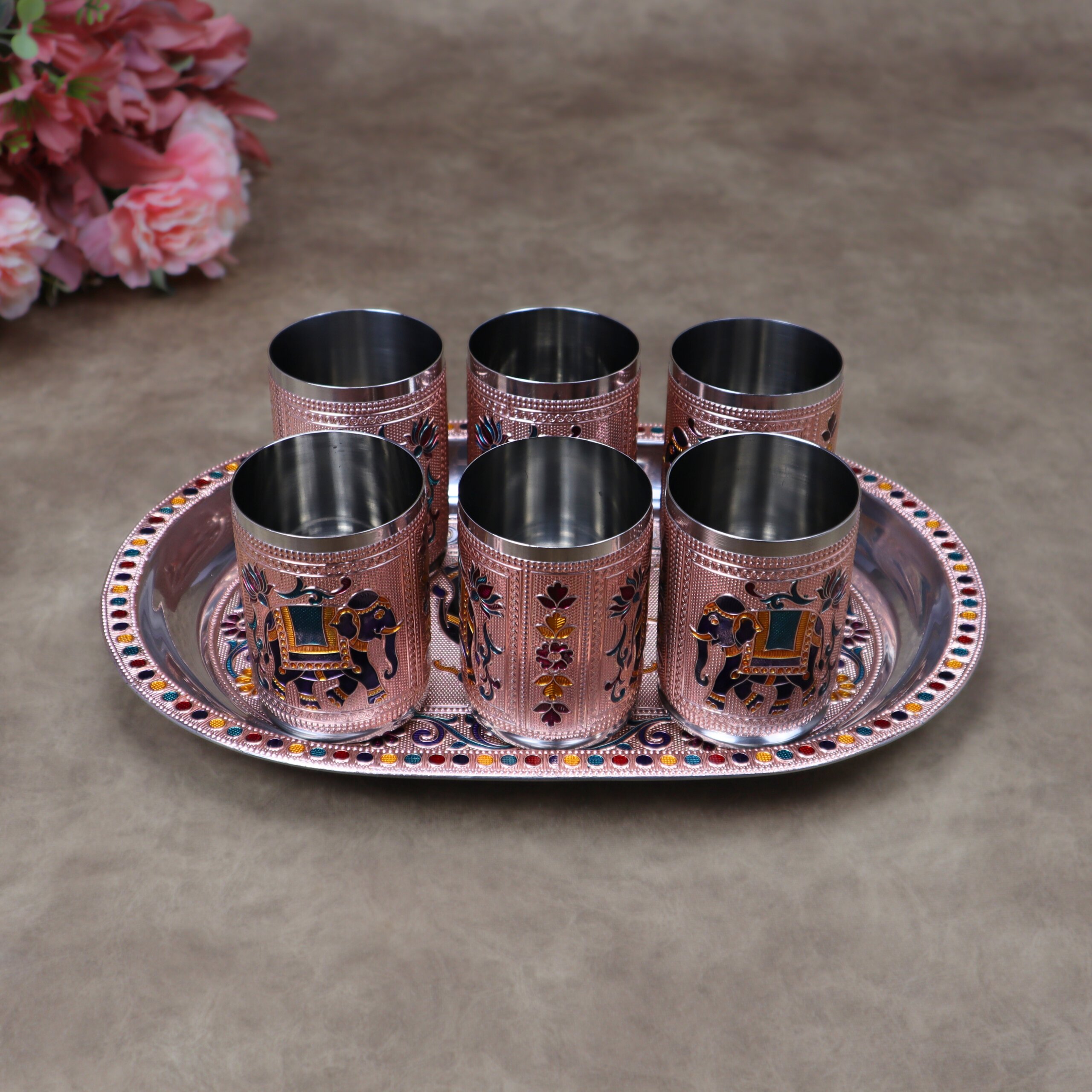 Royal Meenakari Stainless Steel Serving Tray with 6 Glasses Set (12x8.5 Inch Tray) - Image 8