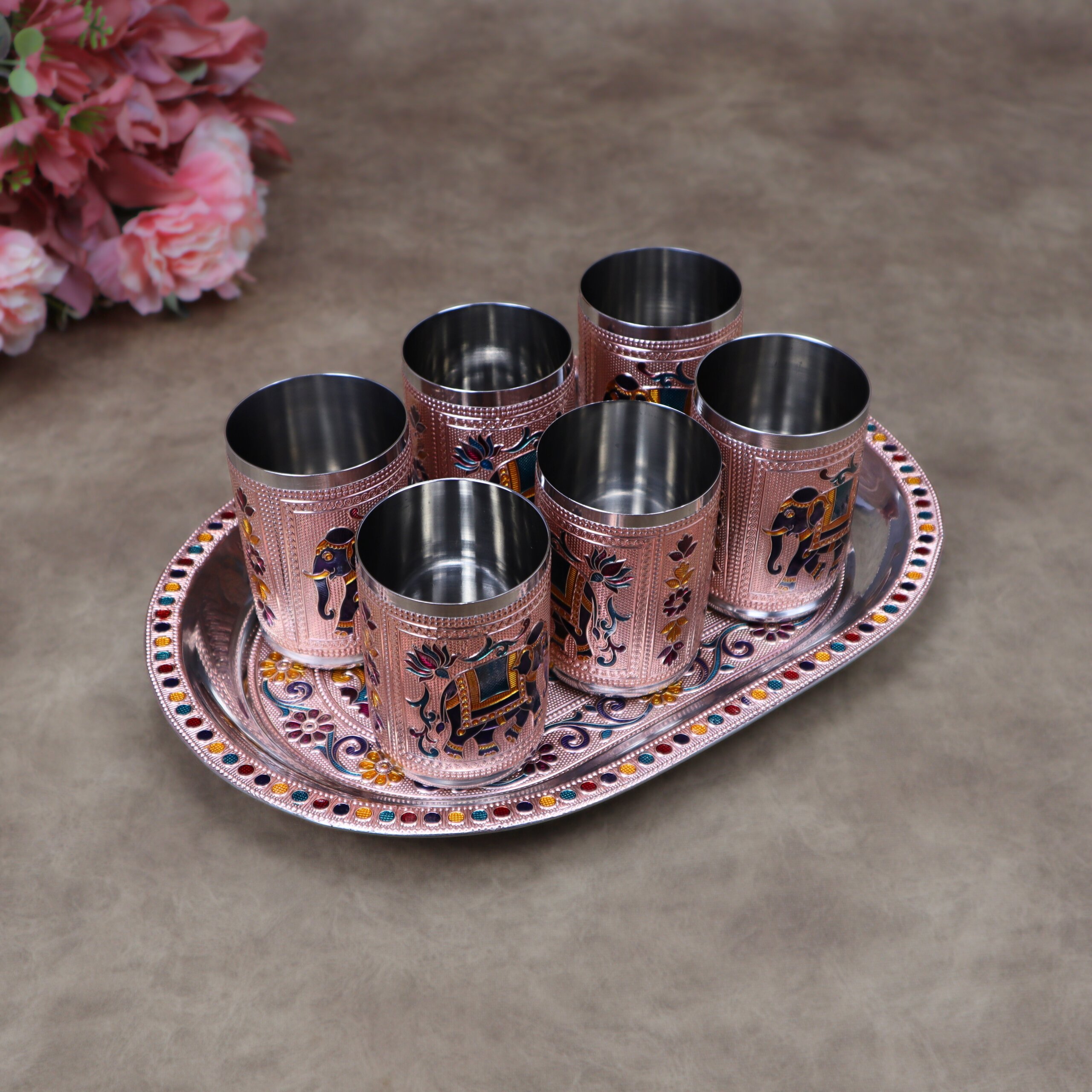 Royal Meenakari Stainless Steel Serving Tray with 6 Glasses Set (12x8.5 Inch Tray) - Image 6