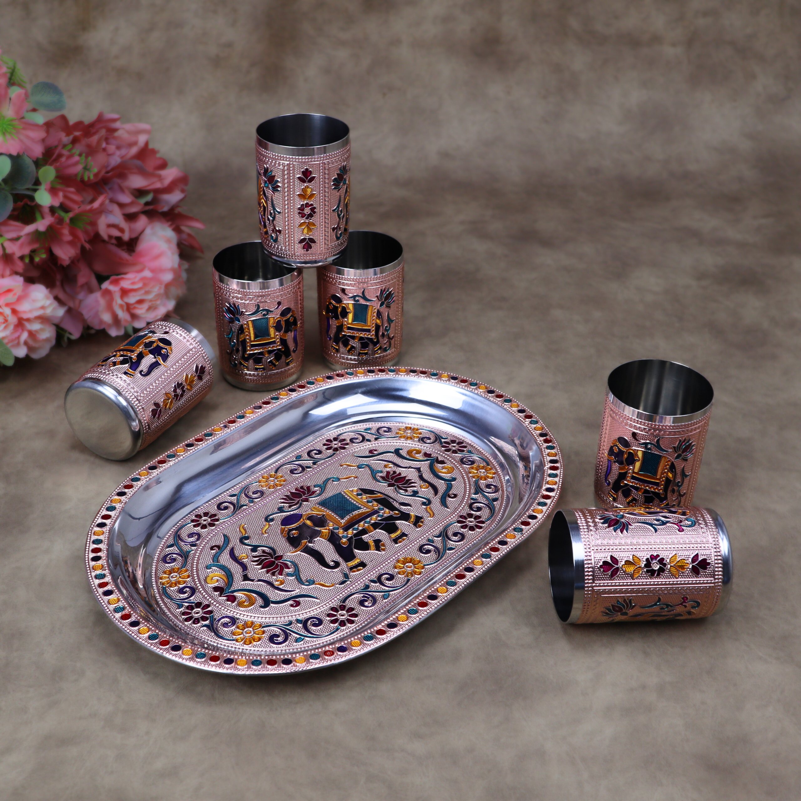 Royal Meenakari Stainless Steel Serving Tray with 6 Glasses Set (12x8.5 Inch Tray) - Image 7