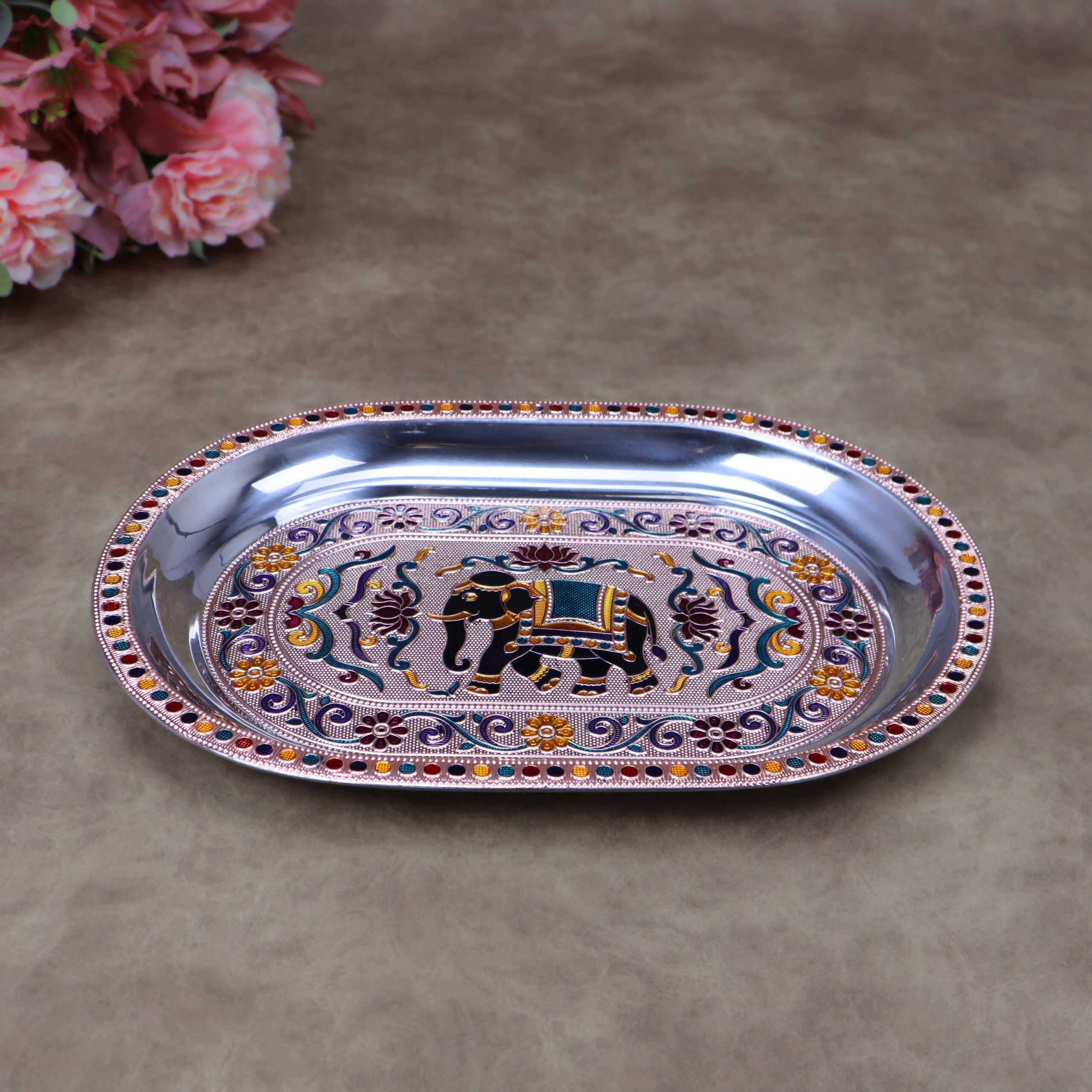 Royal Meenakari Stainless Steel Serving Tray – Traditional Elephant Embossed Oval Platter in Gold and Rose Gold - Image 13