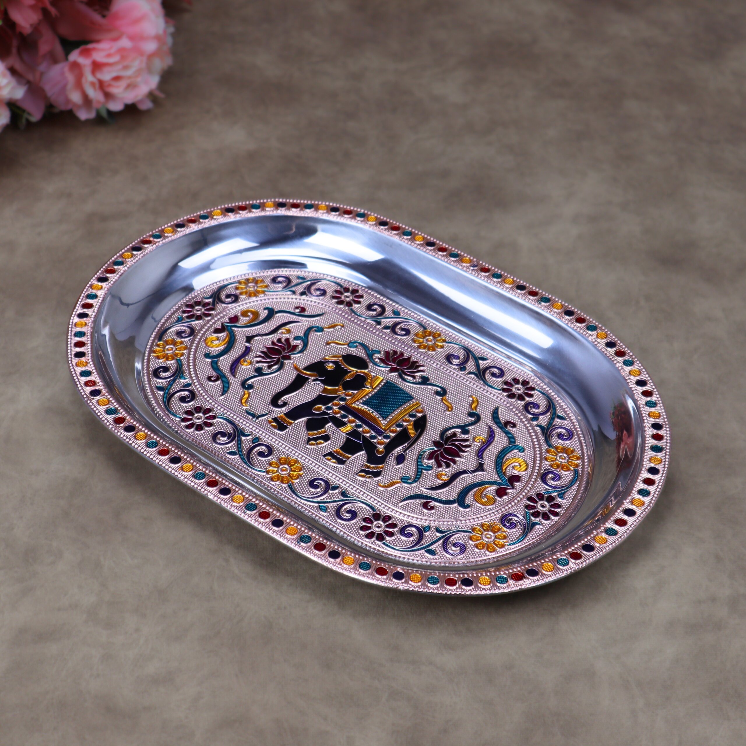 Royal Meenakari Stainless Steel Serving Tray – Traditional Elephant Embossed Oval Platter in Gold and Rose Gold - Image 14