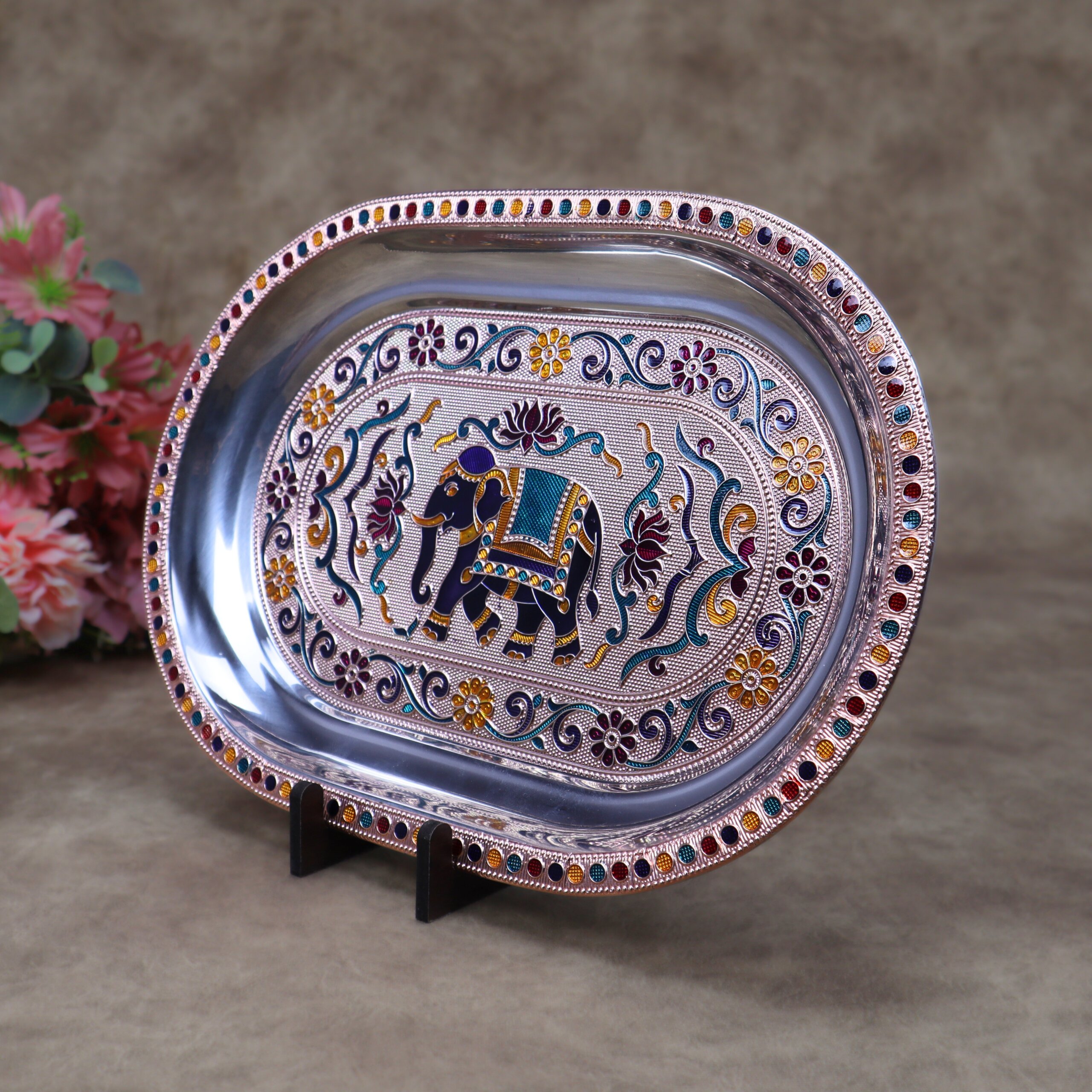 Royal Meenakari Stainless Steel Serving Tray – Traditional Elephant Embossed Oval Platter in Gold and Rose Gold - Image 15