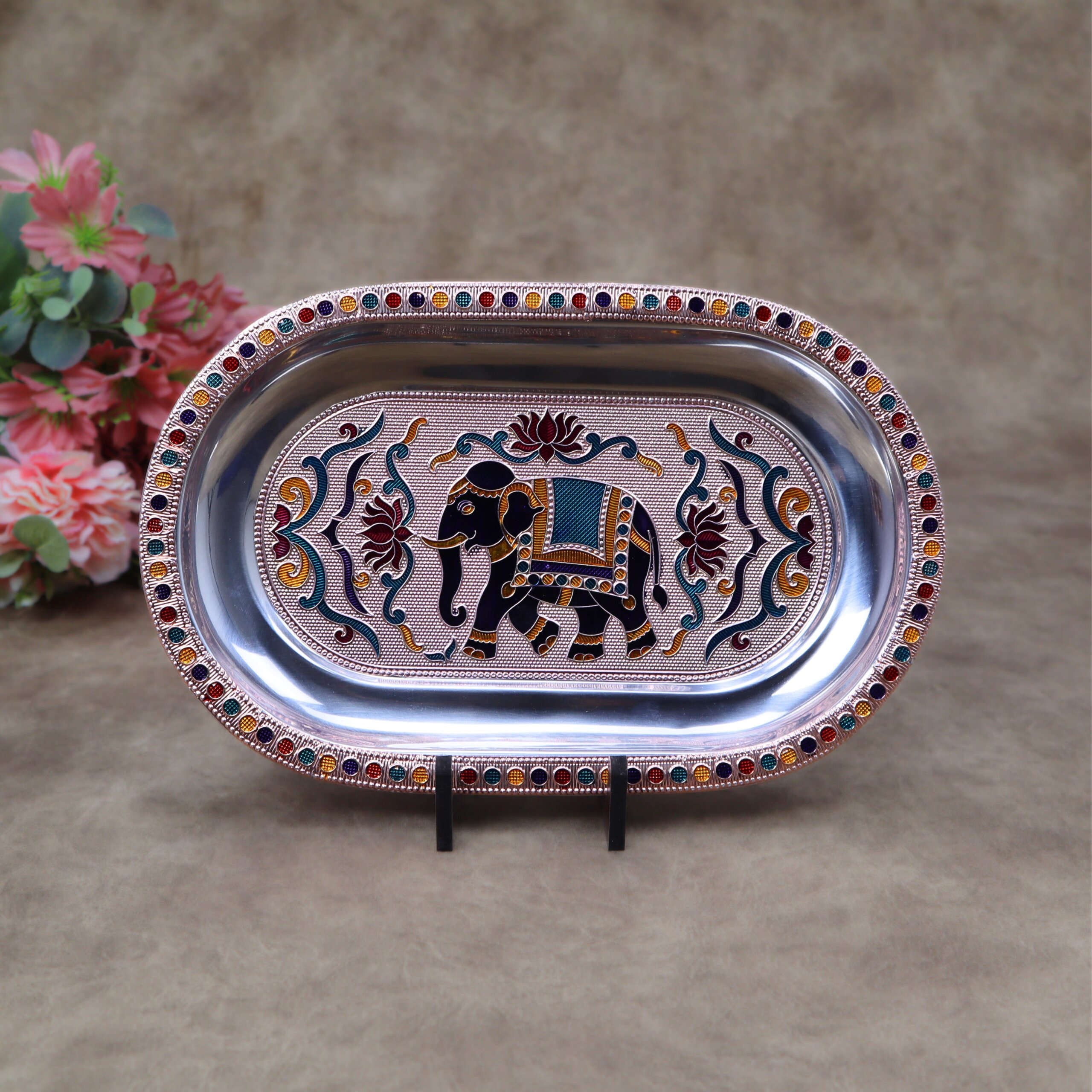 Royal Meenakari Stainless Steel Serving Tray with 2 Glasses Set (10.5x6.5 Inch Tray) - Image 9