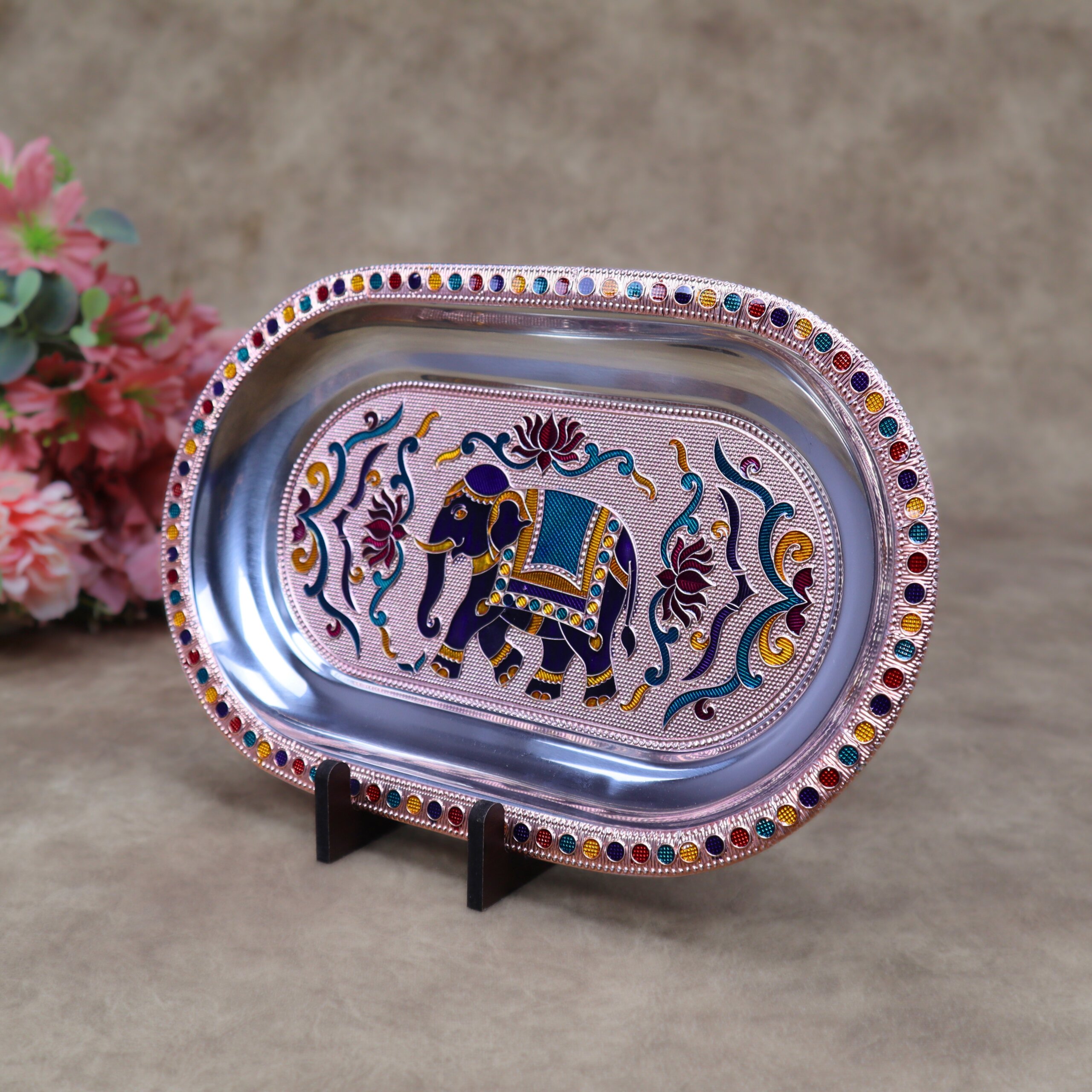 Royal Meenakari Stainless Steel Serving Tray – Traditional Elephant Embossed Oval Platter in Gold and Rose Gold - Image 11