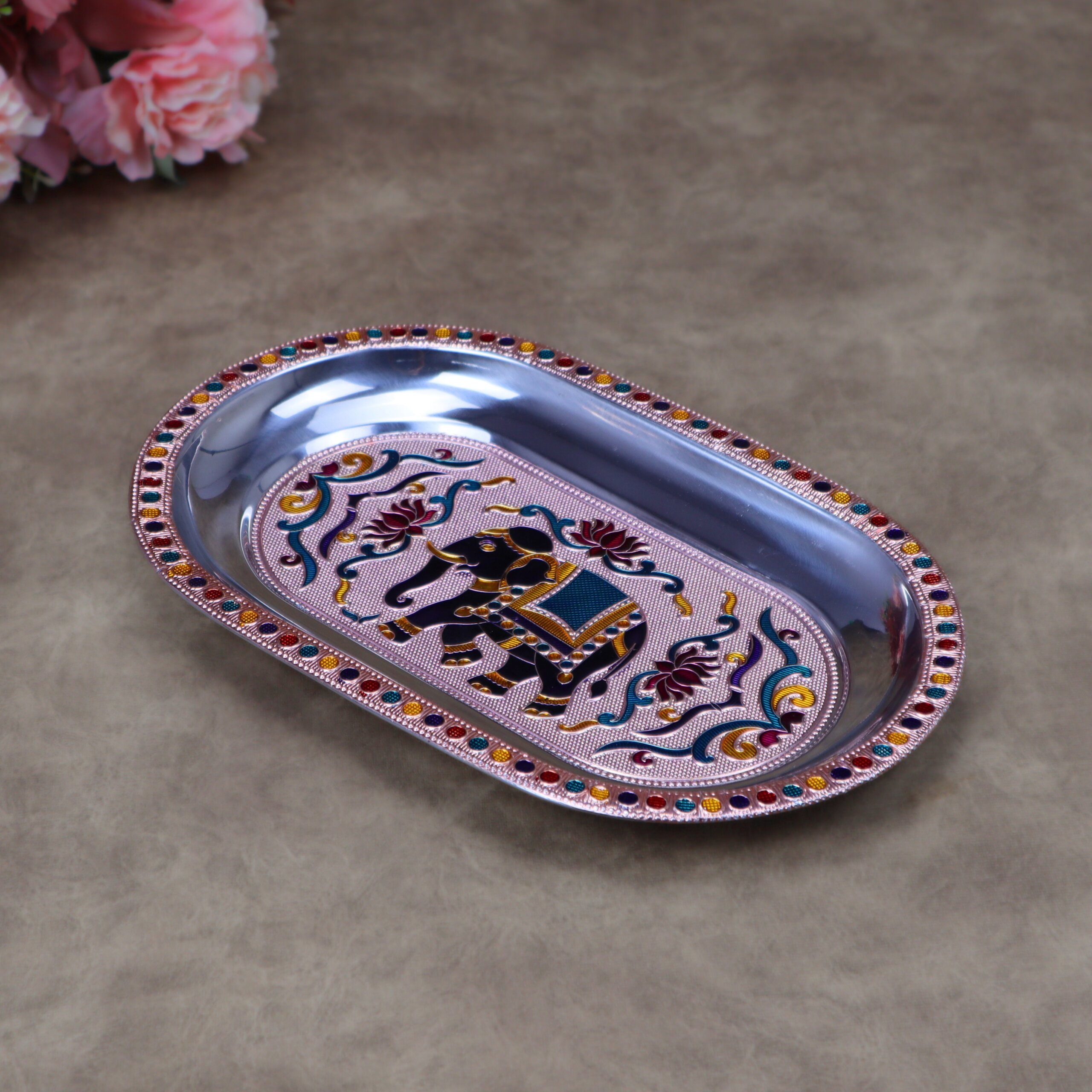 Royal Meenakari Stainless Steel Serving Tray – Traditional Elephant Embossed Oval Platter in Gold and Rose Gold - Image 9