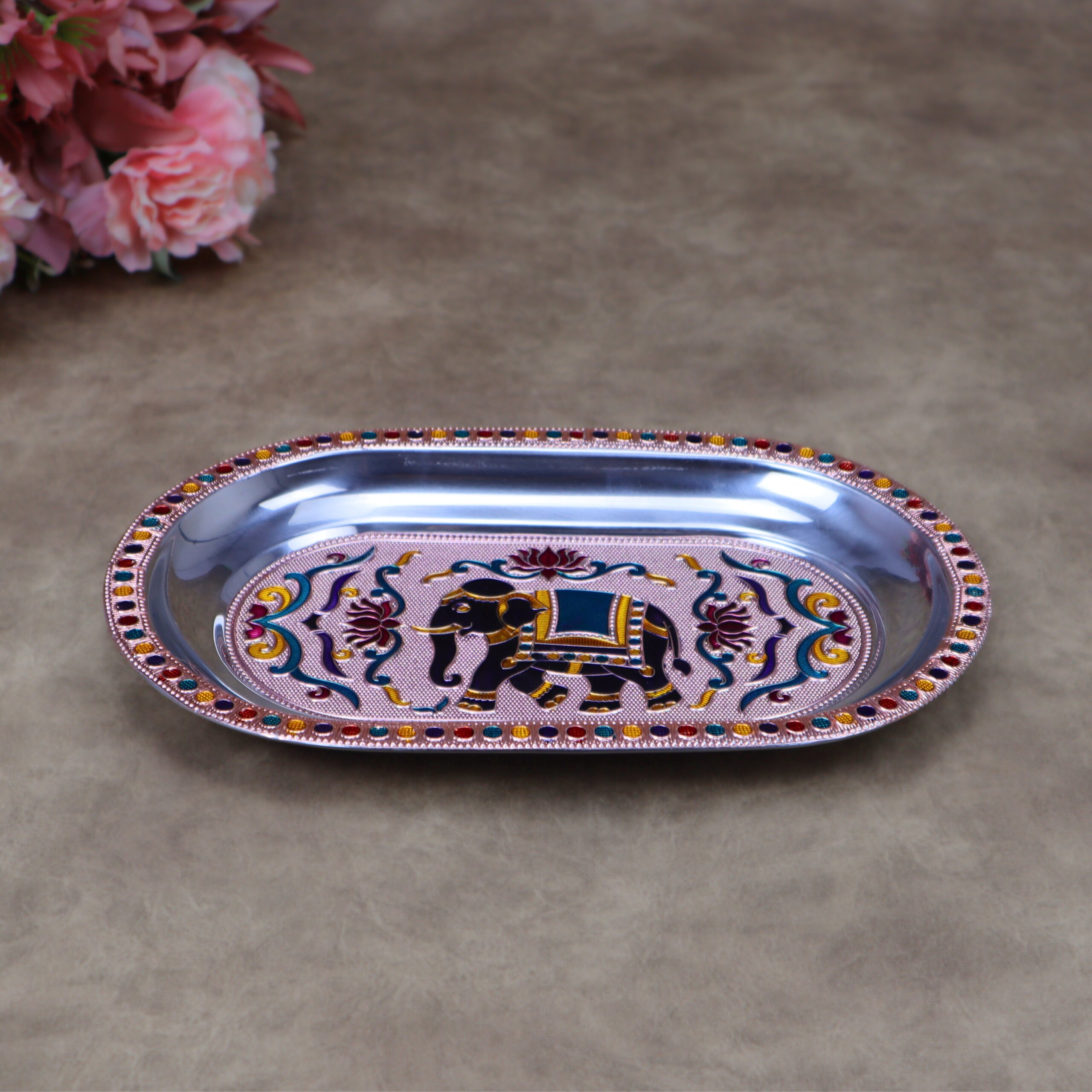 Royal Meenakari Stainless Steel Serving Tray – Traditional Elephant Embossed Oval Platter in Gold and Rose Gold - Image 10