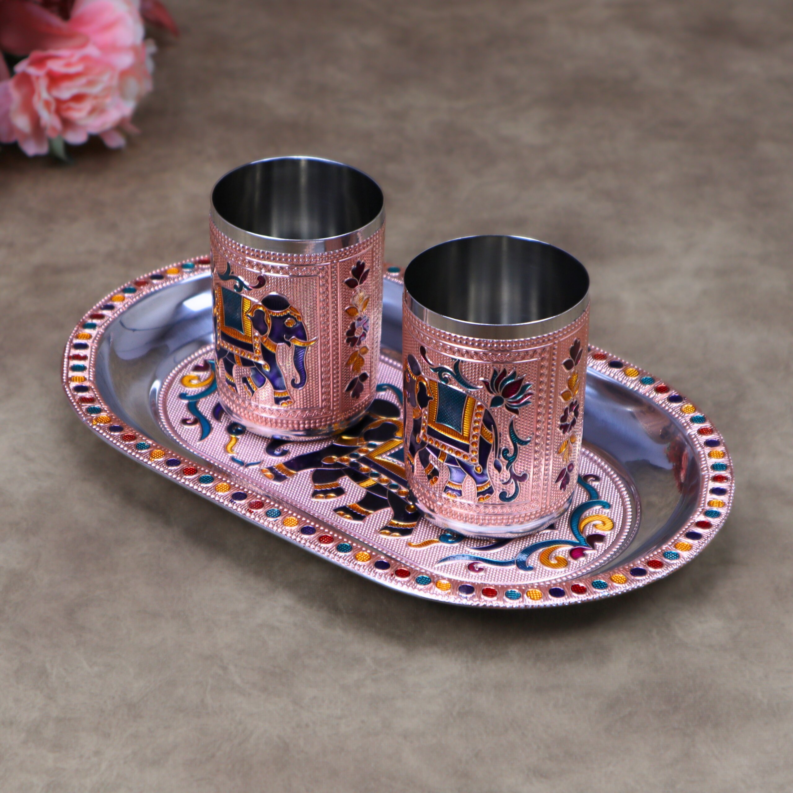 Royal Meenakari Stainless Steel Serving Tray with 2 Glasses Set (10.5x6.5 Inch Tray) - Image 7