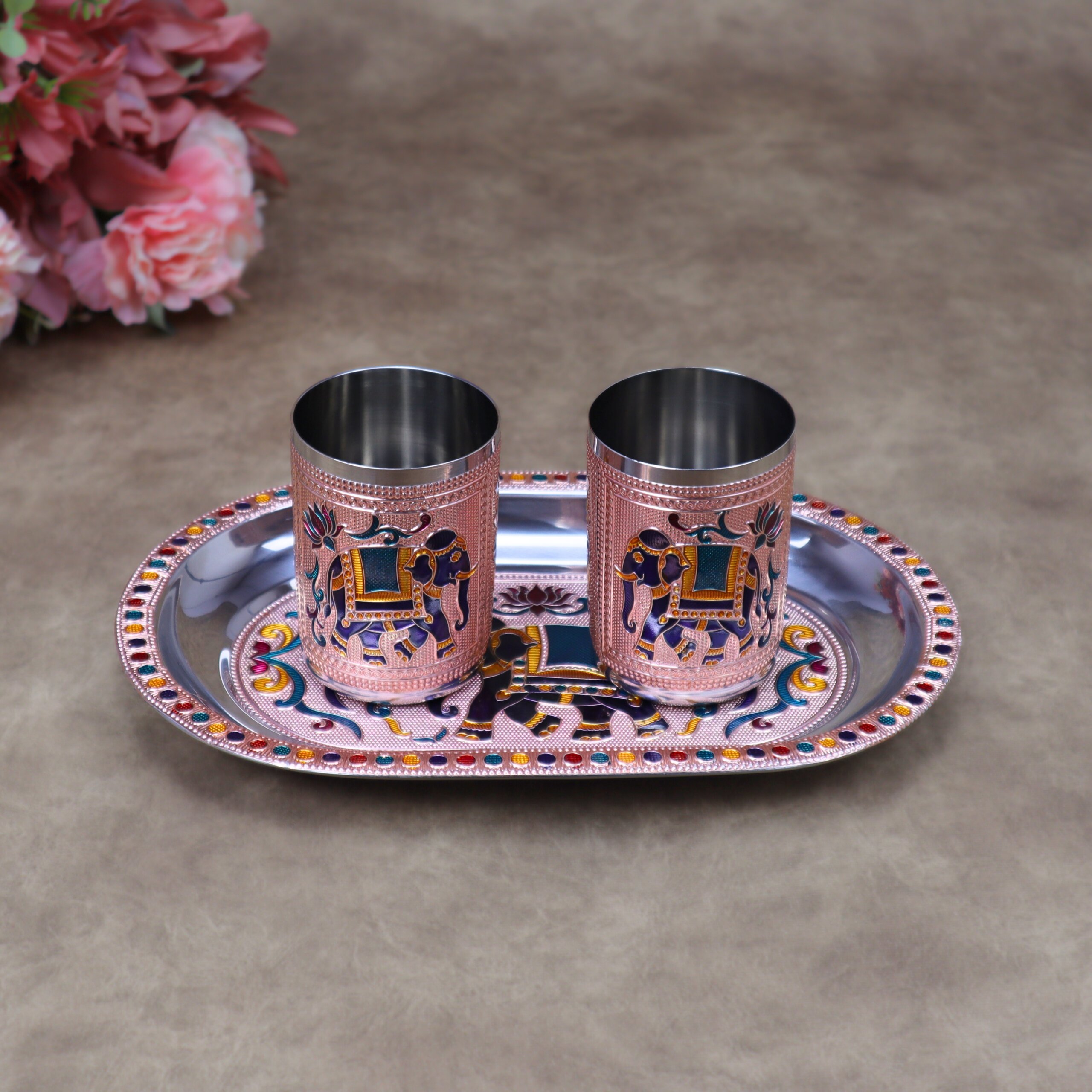 Royal Meenakari Stainless Steel Serving Tray with 2 Glasses Set (10.5x6.5 Inch Tray) - Image 6