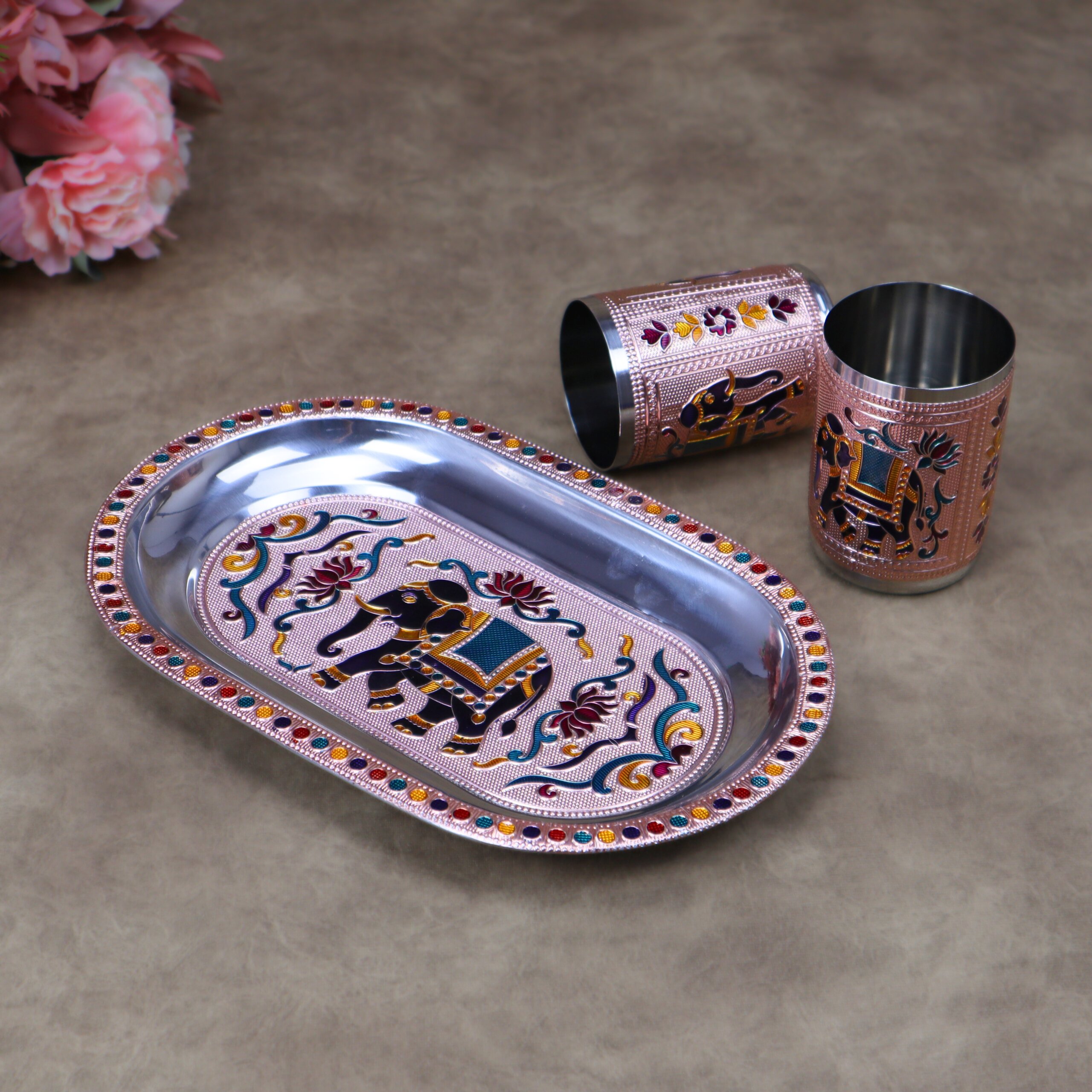 Royal Meenakari Stainless Steel Serving Tray with 2 Glasses Set (10.5x6.5 Inch Tray) - Image 8