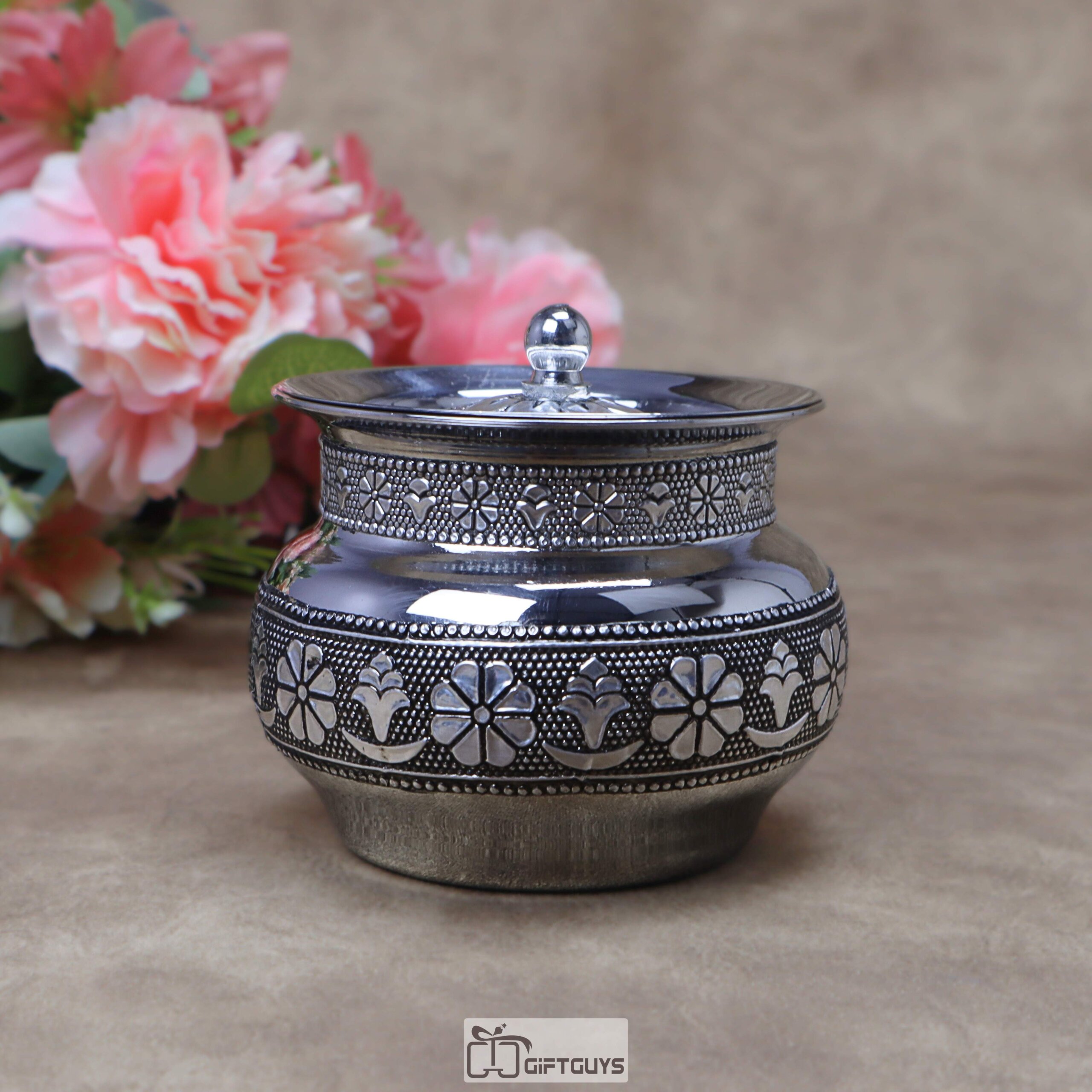Handcrafted Oxidized Stainless Steel Matki Pot with Lid & Spoon – Traditional Antique Silver Embossed Handi Container for Ghee, Curd & Chutney - Image 3