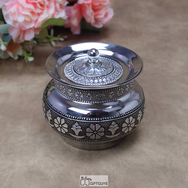Handcrafted Oxidized Stainless Steel Matki Pot with Lid & Spoon – Traditional Antique Silver Embossed Handi Container for Ghee, Curd & Chutney
