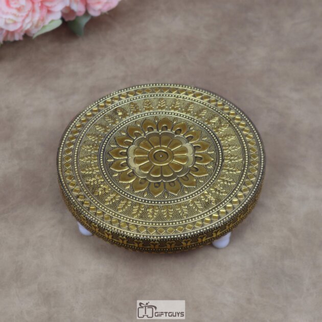 6.5 Inch Handcrafted Golden Oxidized Wooden Round Manai – Traditional Floral Embossed Small Pooja Bajot Low Stool